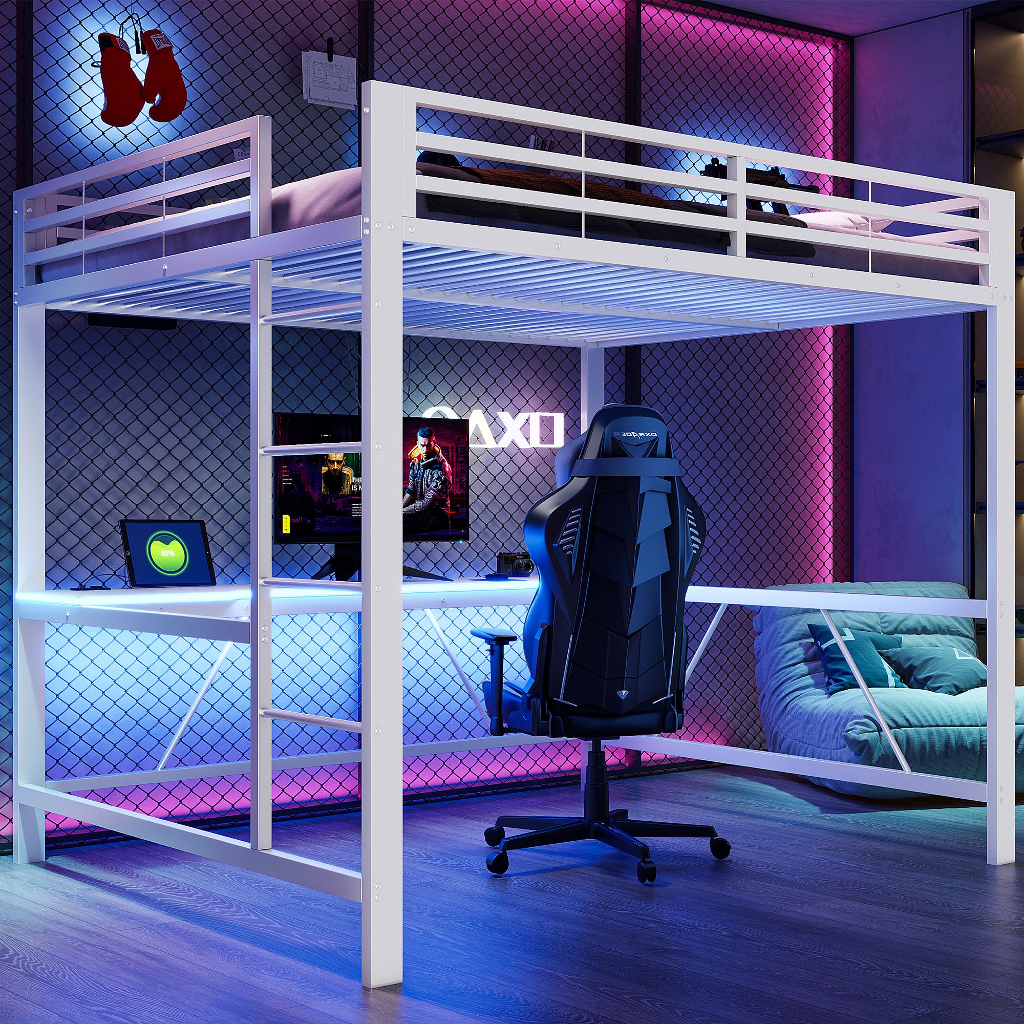 Lit mezzanine avec bureau intégré, LED et USB, 160x200, blanc, métal