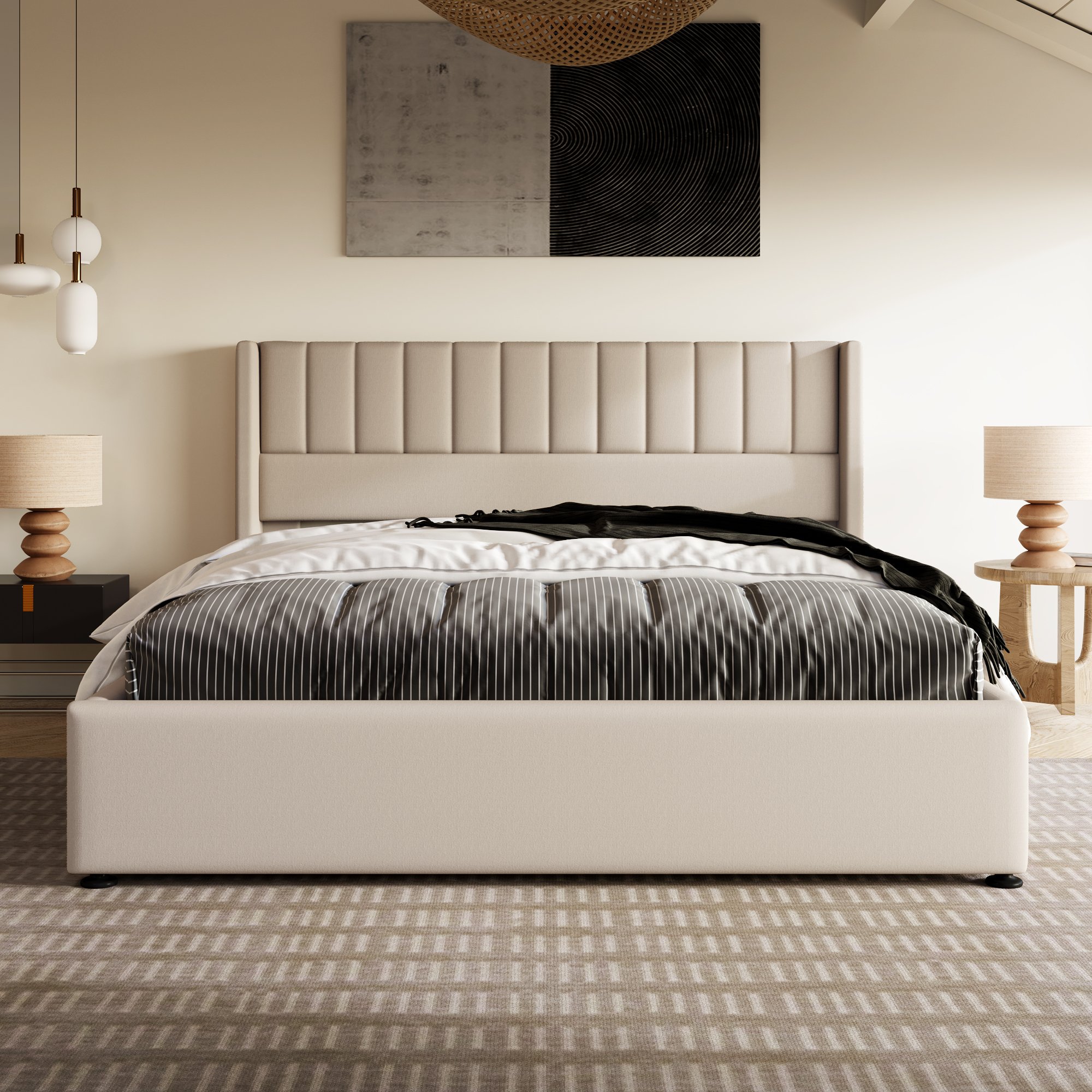 lit coffre 160x200 beige moderne avec rangement hydraulique sous sommier à lattes et tête de lit rembourrée