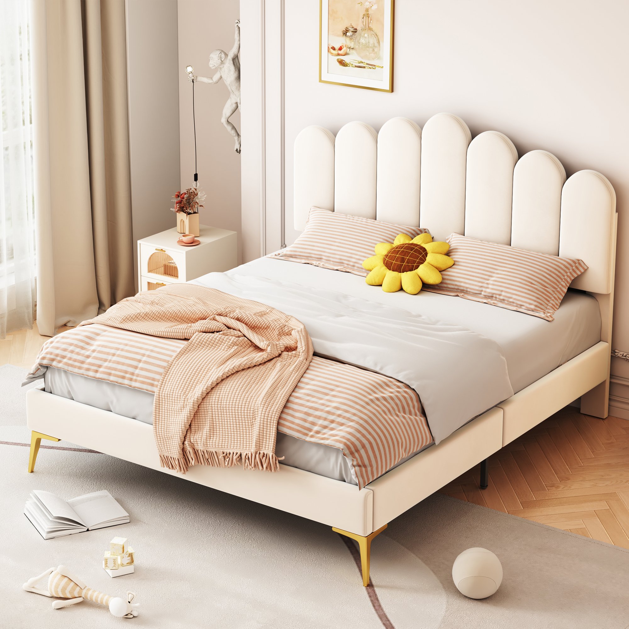 Lit rembourré 140x200 en velours beige, structure Panneau composite de fibres de bois à densité et métal, avec sommier