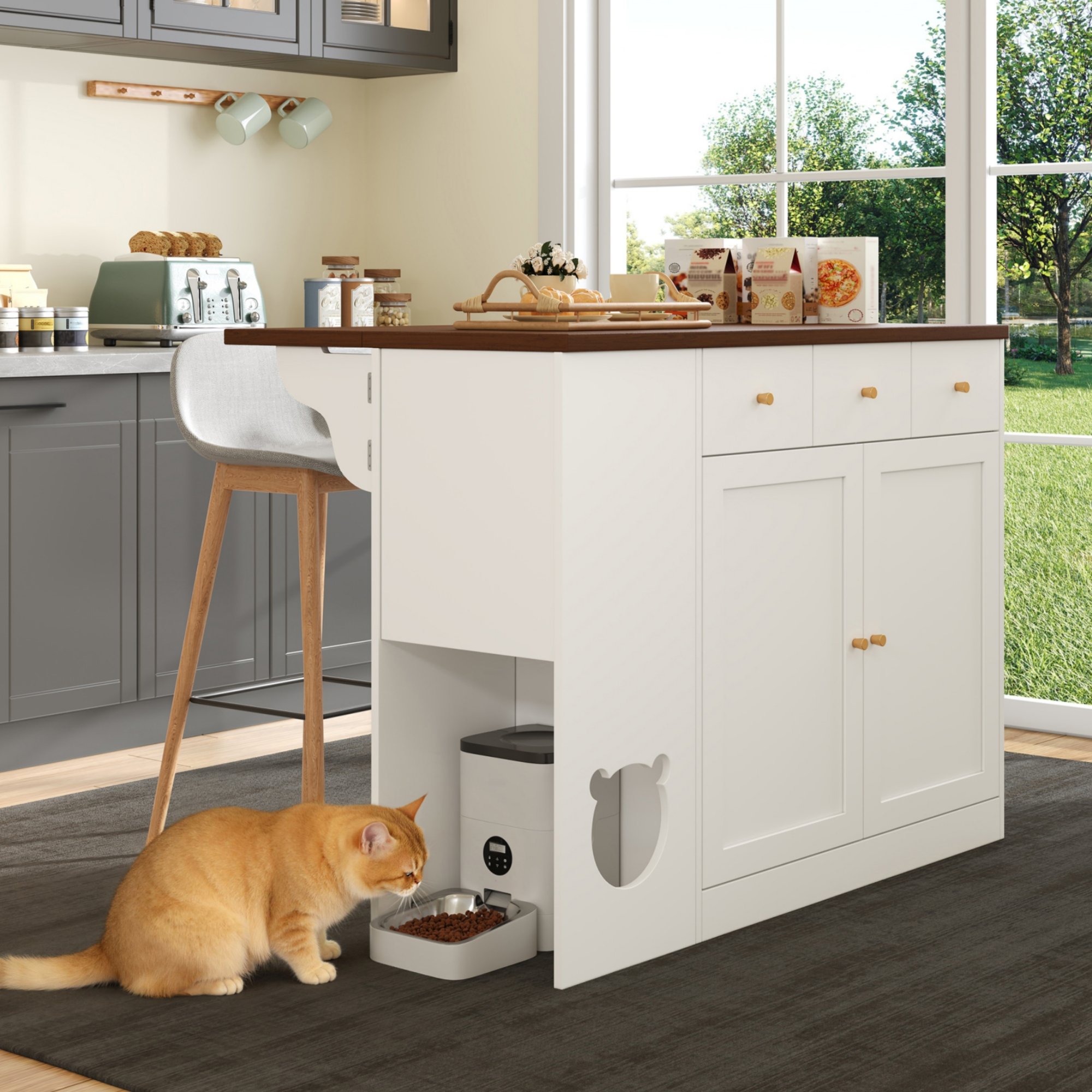 Îlot de cuisine 120x70 cm en Panneau composite de fibres de bois à densité blanc et noyer avec rangements, plan de travail extensible et zone animaux