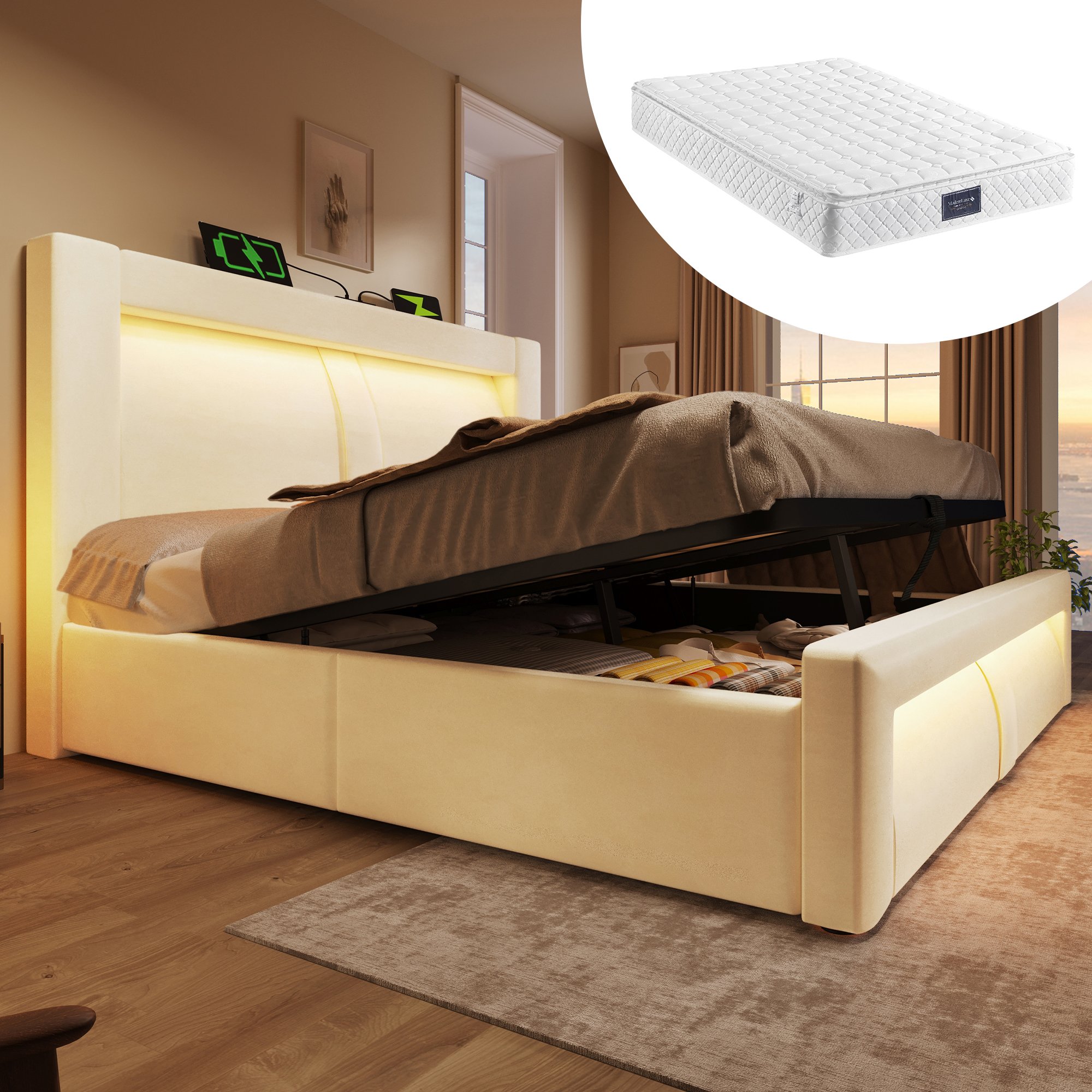 lit coffre 160x200 en velours beige avec rangement hydraulique, LED, ports USB Type-C et sommier à lattes