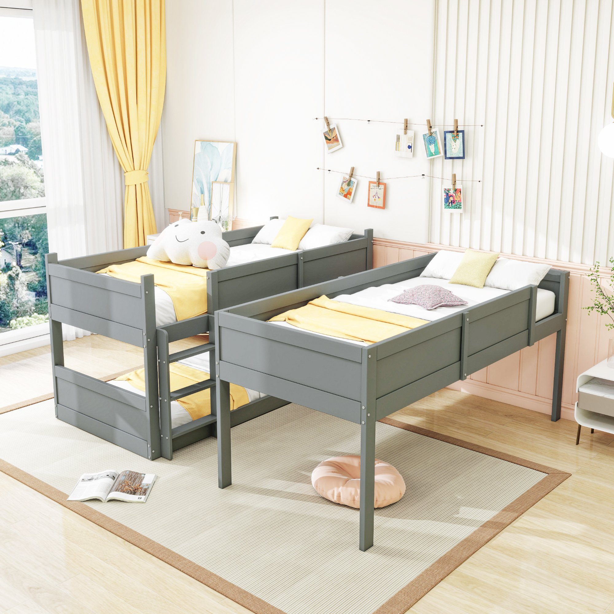 Lit mezzanine 90x200 pour enfant, 3 couchages, bois massif, gris, avec barrière de sécurité
