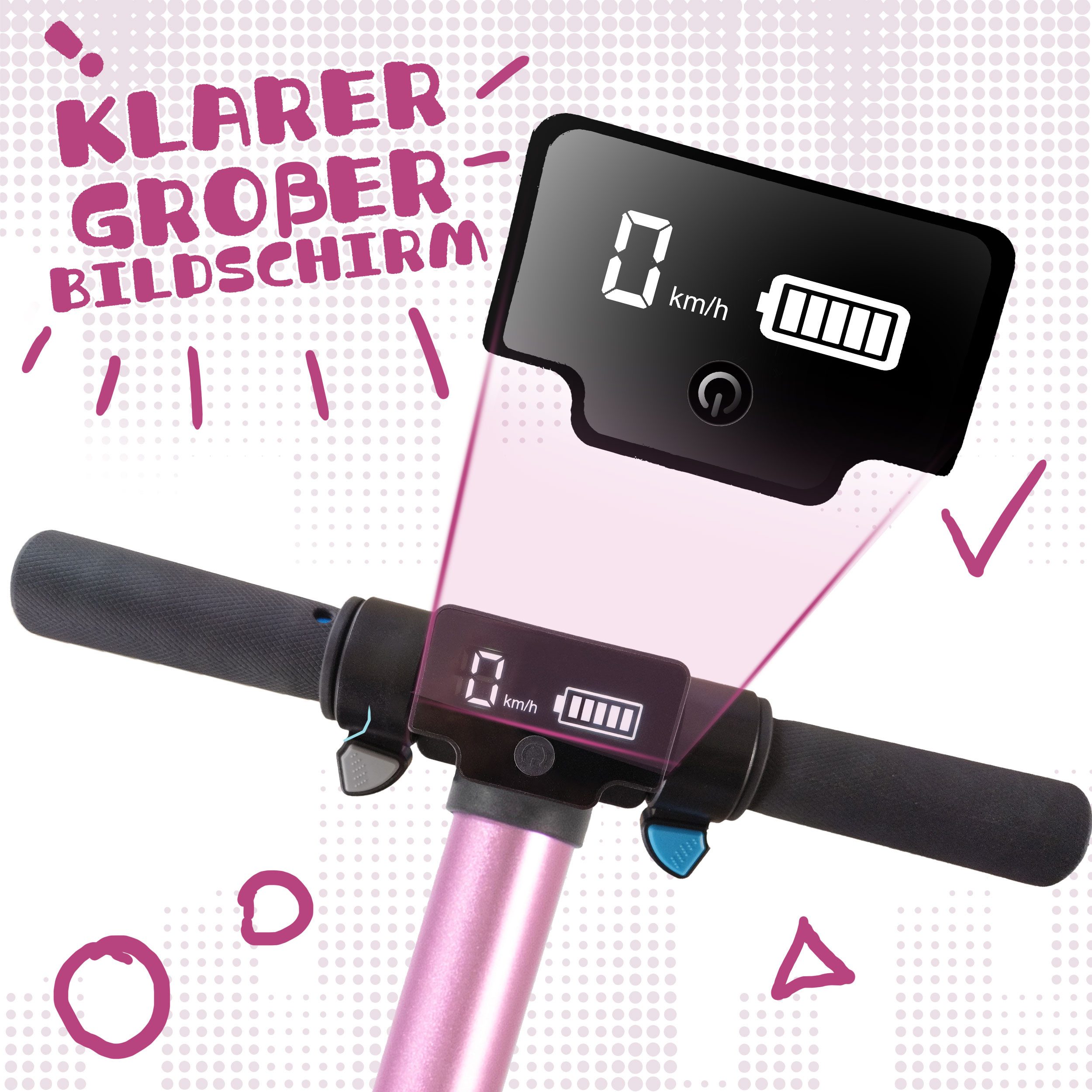 Trottinette enfant en aluminium rose, pliable, légère 6,5 kg, avec éclairage LED et affichage numérique, 50 kg