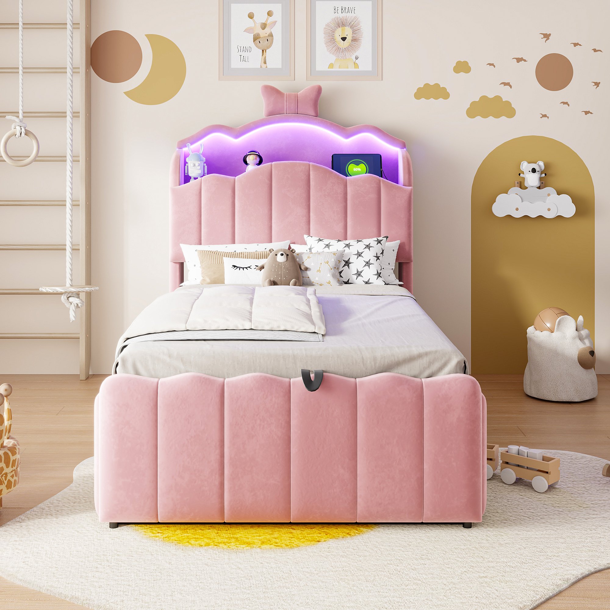 Lit coffre enfant 90x200 velours rose avec rangement hydraulique, LED et ports USB