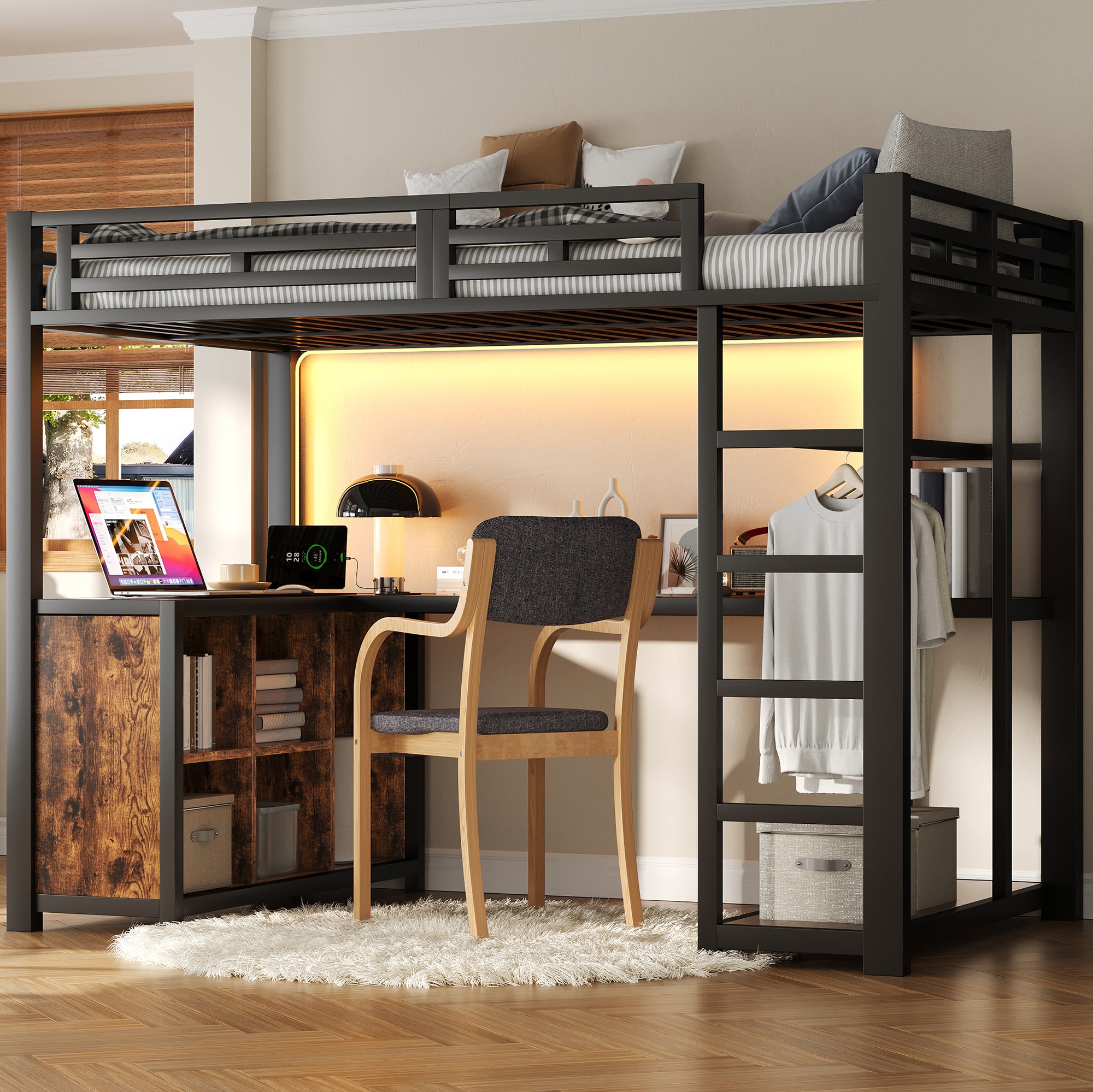 Lit mezzanine 140x200 en métal et Panneau composite de fibres de bois à densité noir avec bureau intégré, LED, USB et rangements