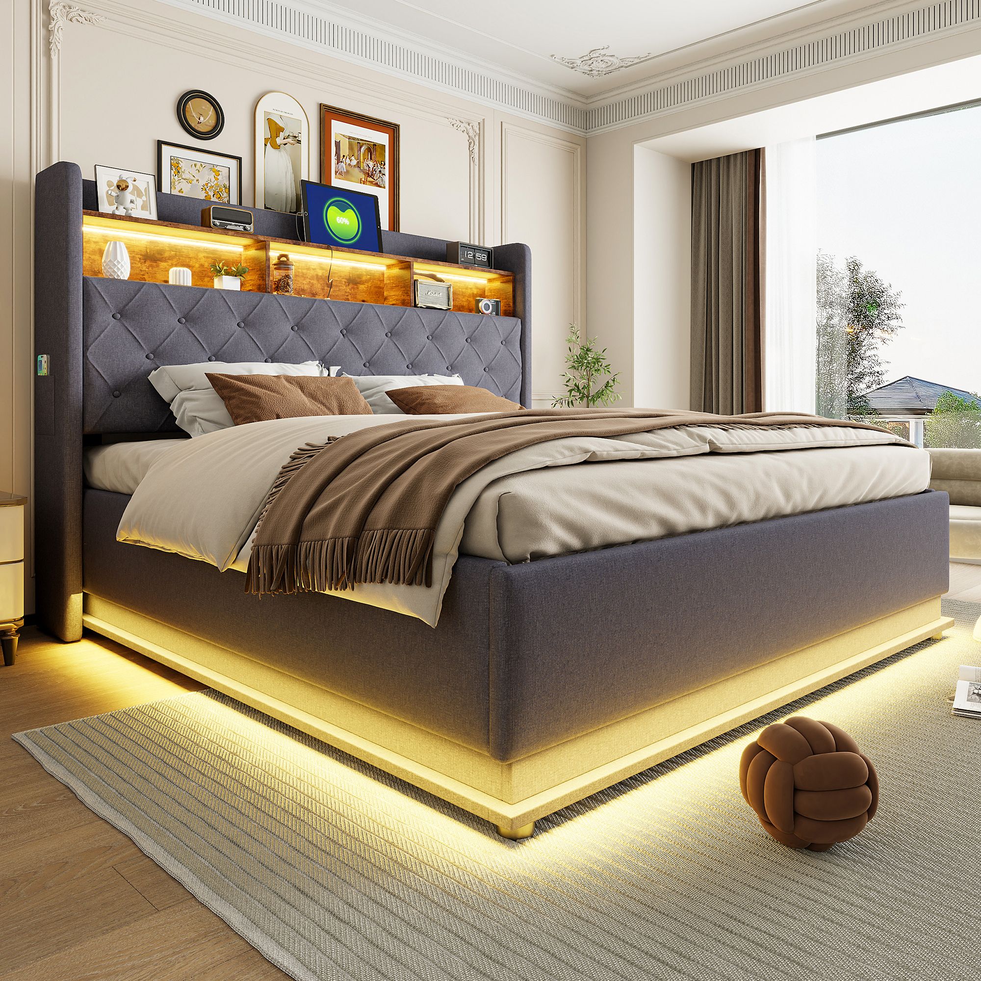 Lit coffre 180x200 pour 2 personnes, avec rangement hydraulique et LED, gris