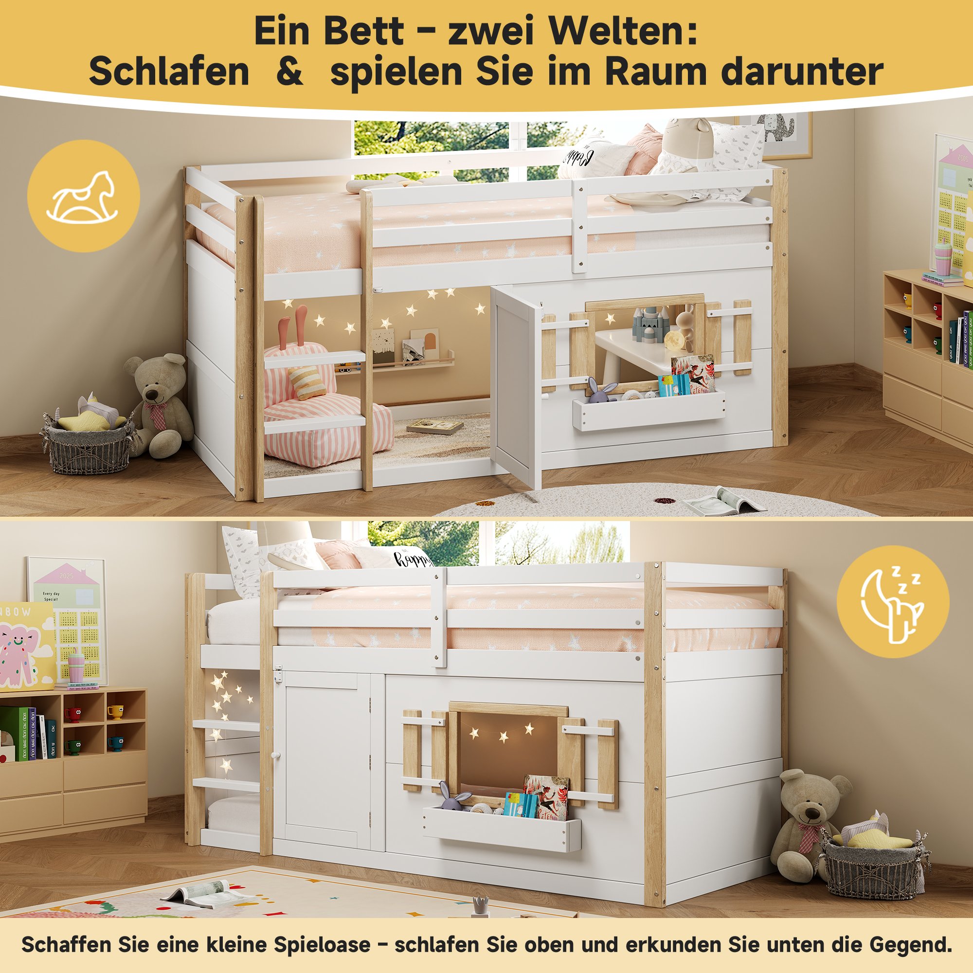Lit superposé enfant 90x200 cm blanc en bois massif et Panneau composite de fibres de bois à densité, robuste structure avec échelle intégrée pour chambre d'enfant