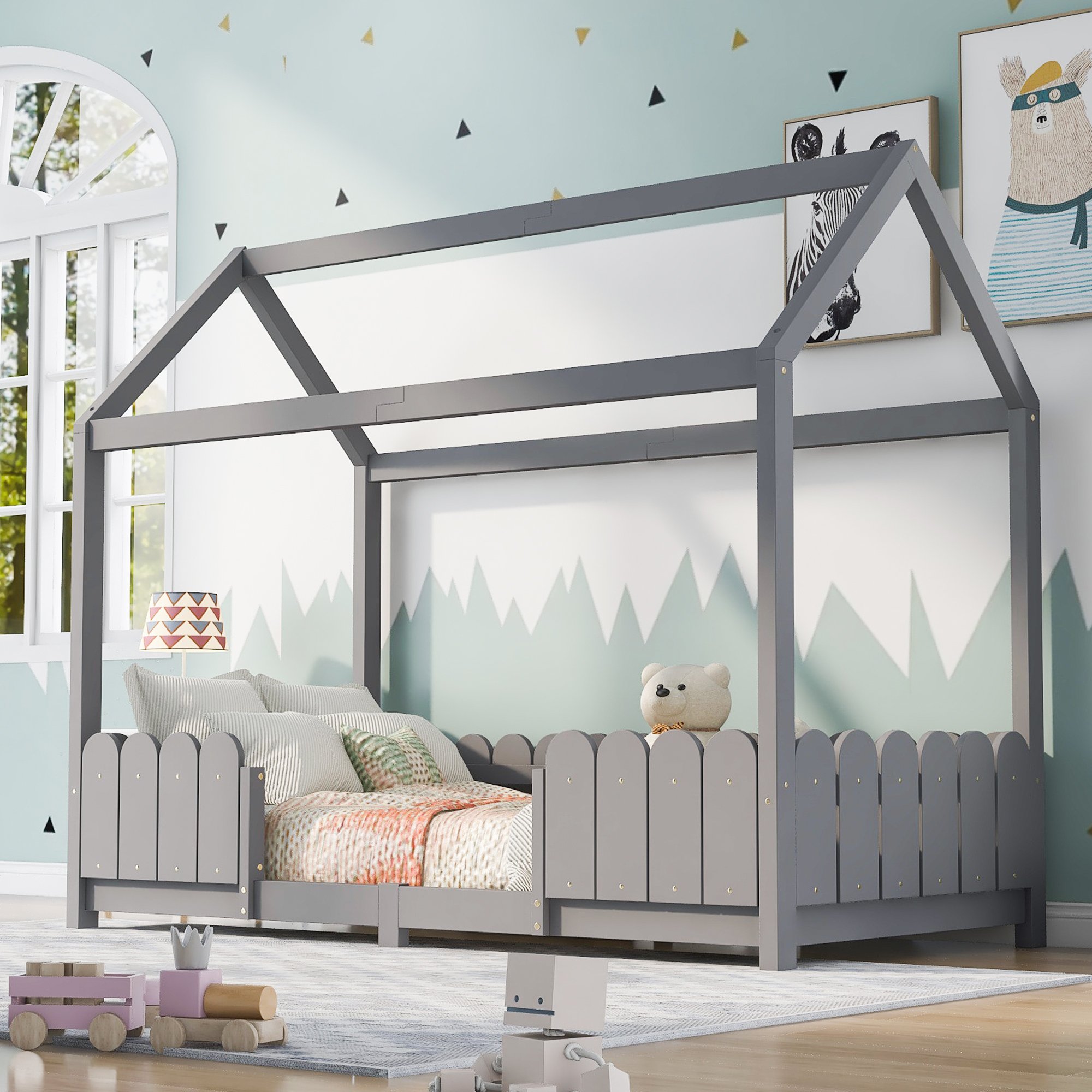 lit cabane enfant 90x200 gris en pin massif et Panneau composite de fibres de bois à densité, cadre de lit maison avec toit et clôture, sommier à lattes rigide