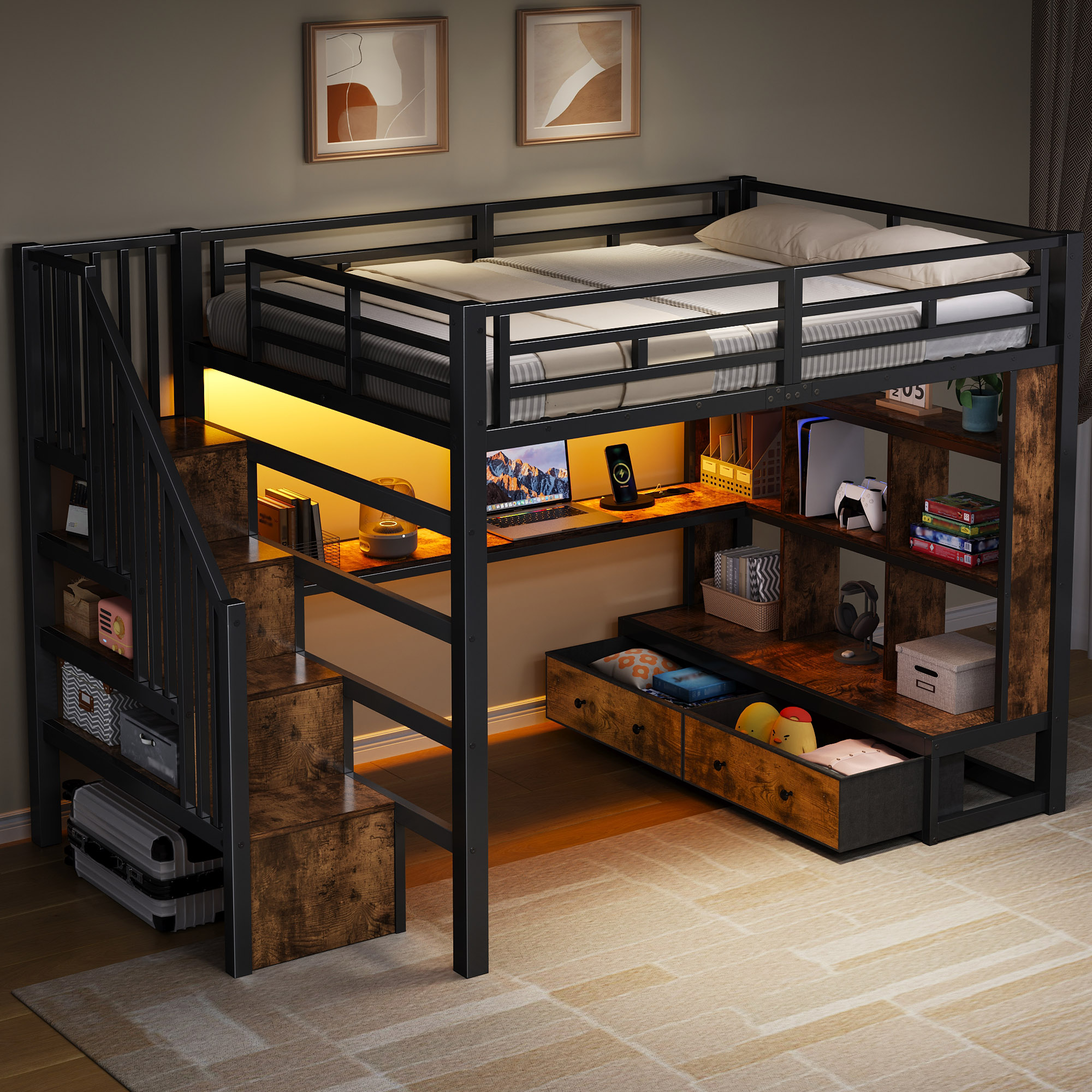 Lit mezzanine 140x200 avec bureau intégré, échelle et rangements, noir