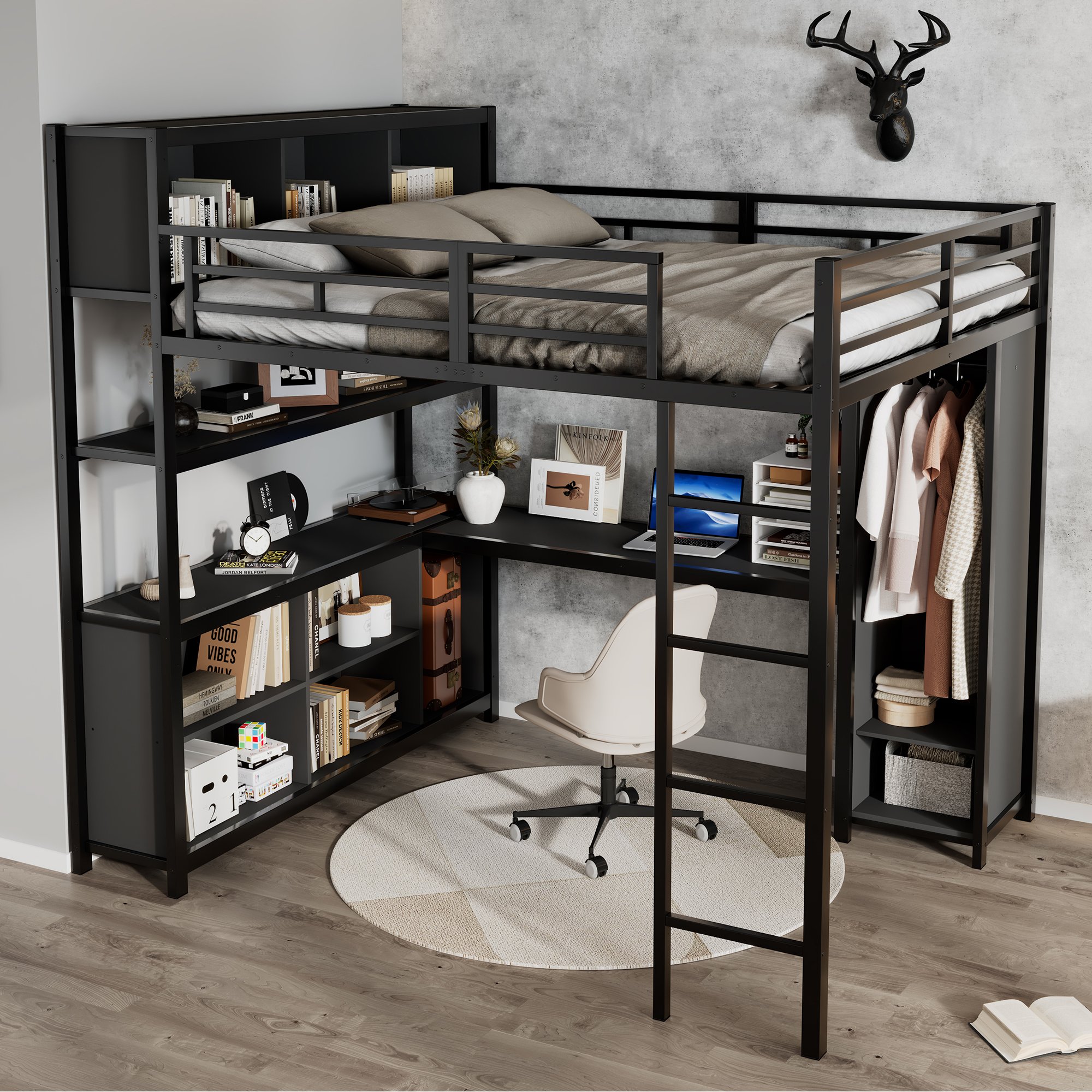 Lit mezzanine 140x200 avec bureau, rangements et armoire, échelle 4 marches