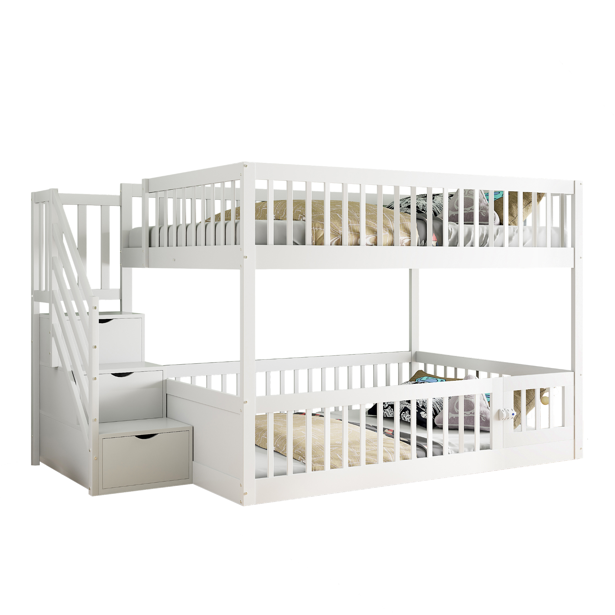 Lit superposé enfant 140x200 avec échelle et rangement, bois massif blanc, sécurité renforcée