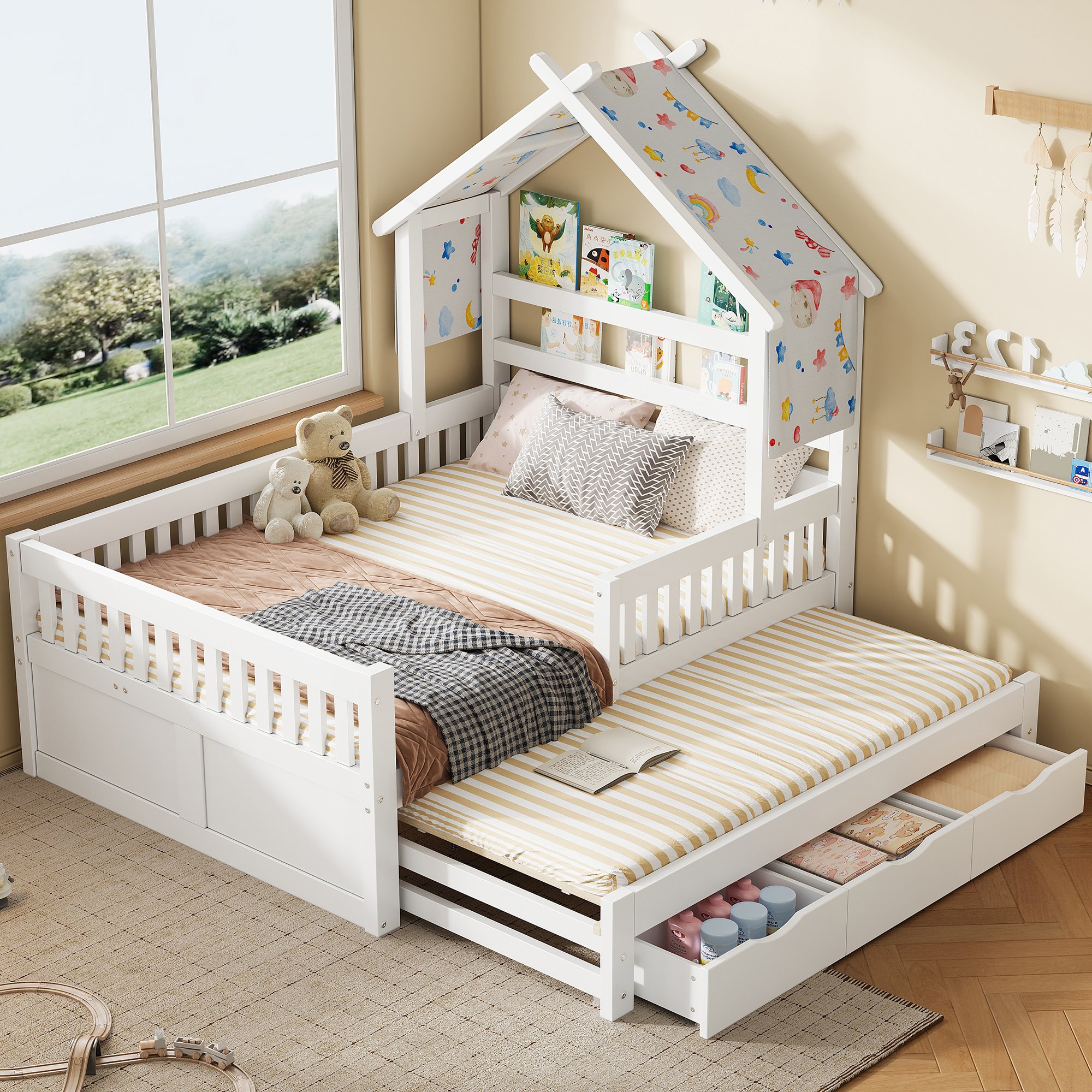 Lit gigogne 140x200 avec 3 tiroirs et lit d'appoint, blanc, avec barrières de sécurité