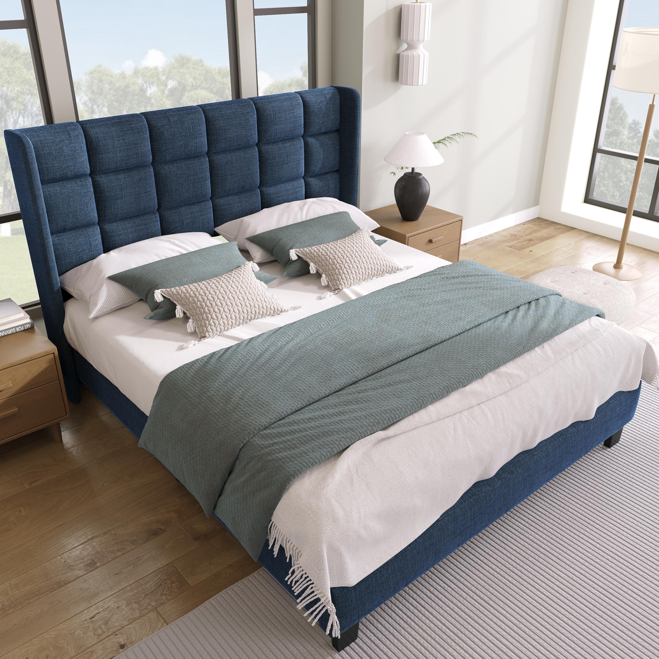 Lit double rembourré 140x200 bleu lin avec tête haute, sommier à lattes inclus, pieds noirs