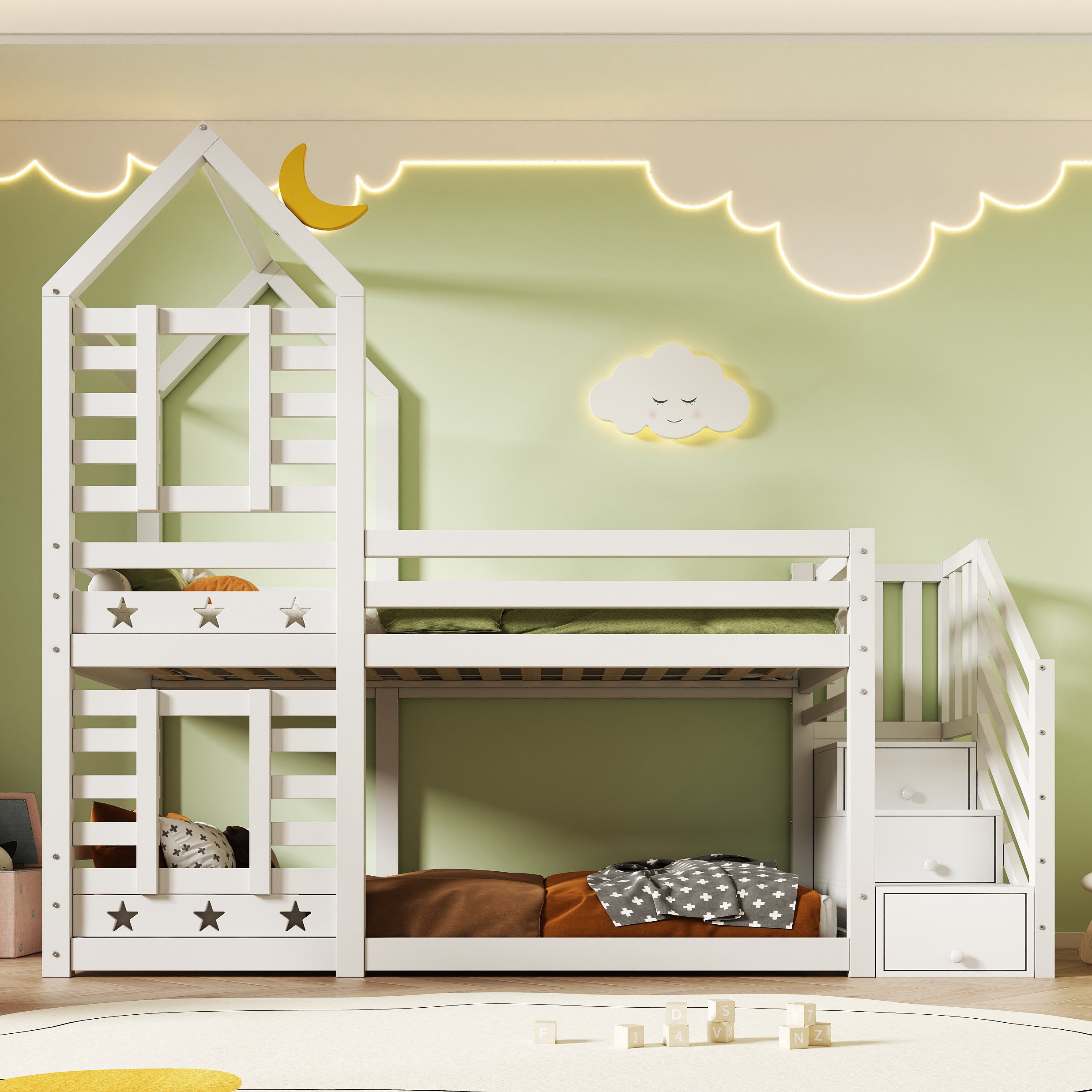 Lit superposé avec tiroir 90x200 cm blanc pin massif, échelle de rangement et protection anti-chute
