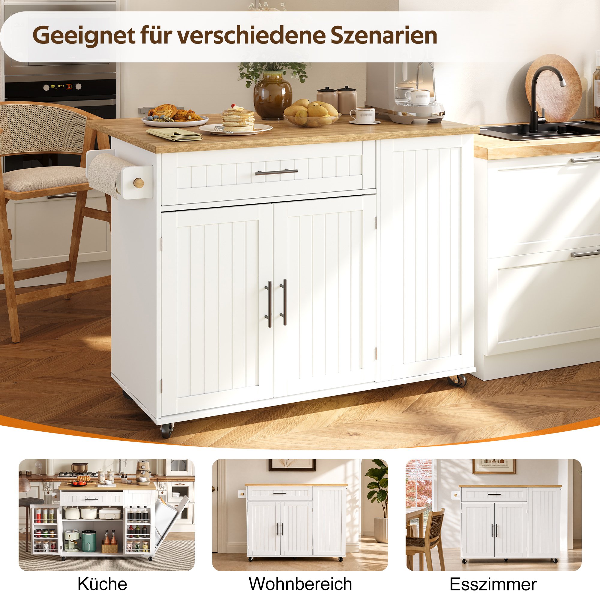 Îlot de cuisine mobile avec plan de travail extensible, rangement intérieur et poubelle cachée, roues freinables 130 cm