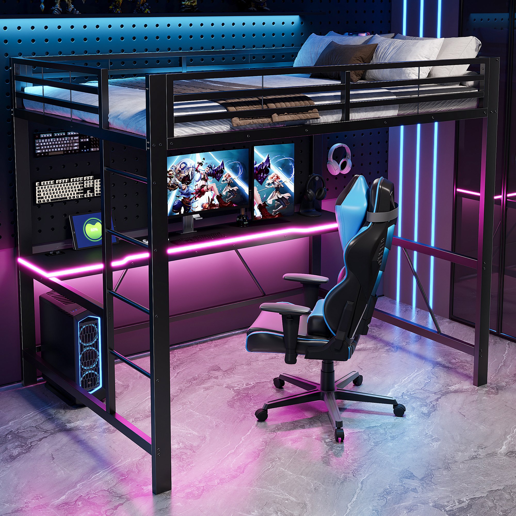 Lit mezzanine 140x200 en métal noir avec bureau intégré, LED et USB