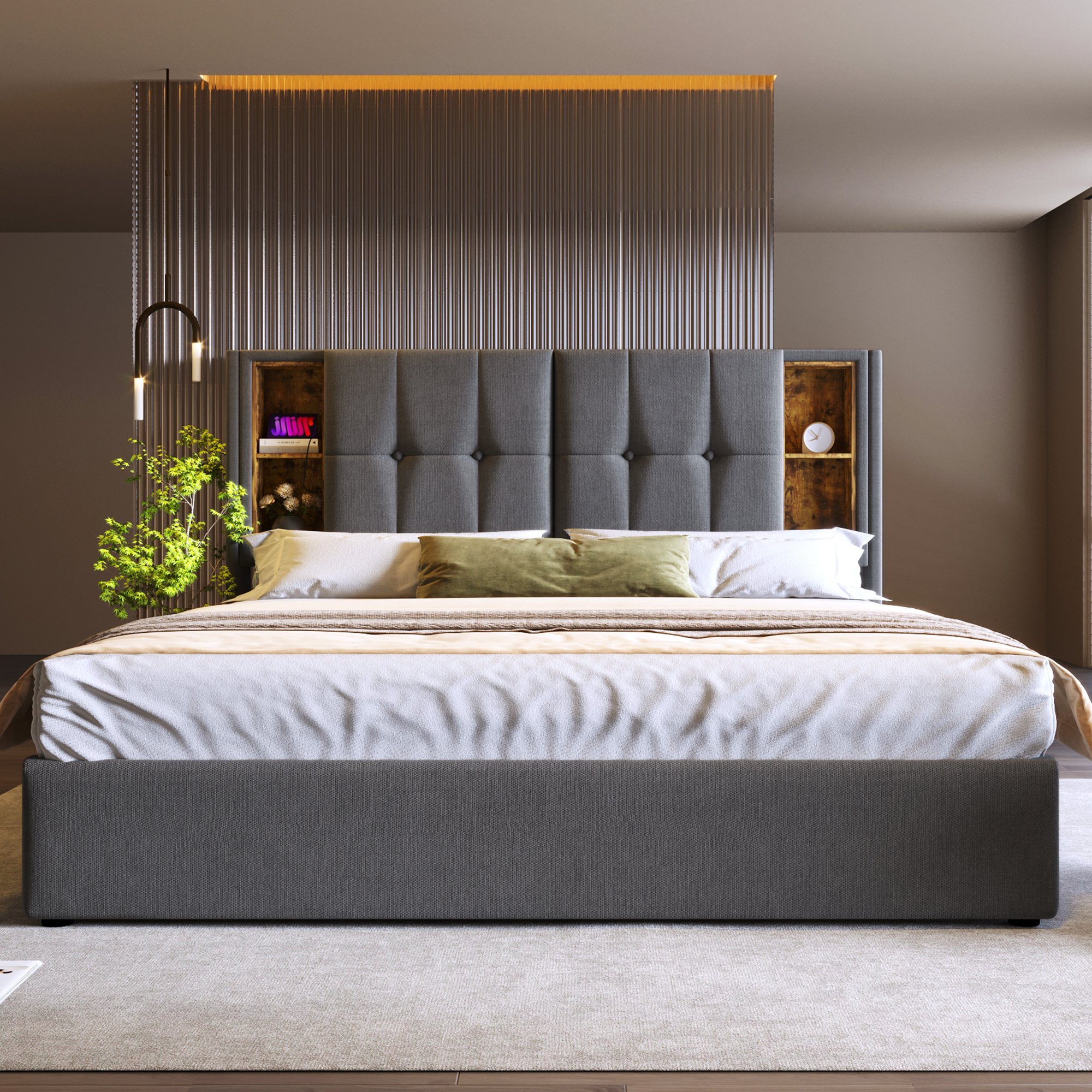 lit coffre 140x200 avec matelas, chargeur sans fil USB Type-C, rangement hydraulique et tête de lit rembourrée gris coton