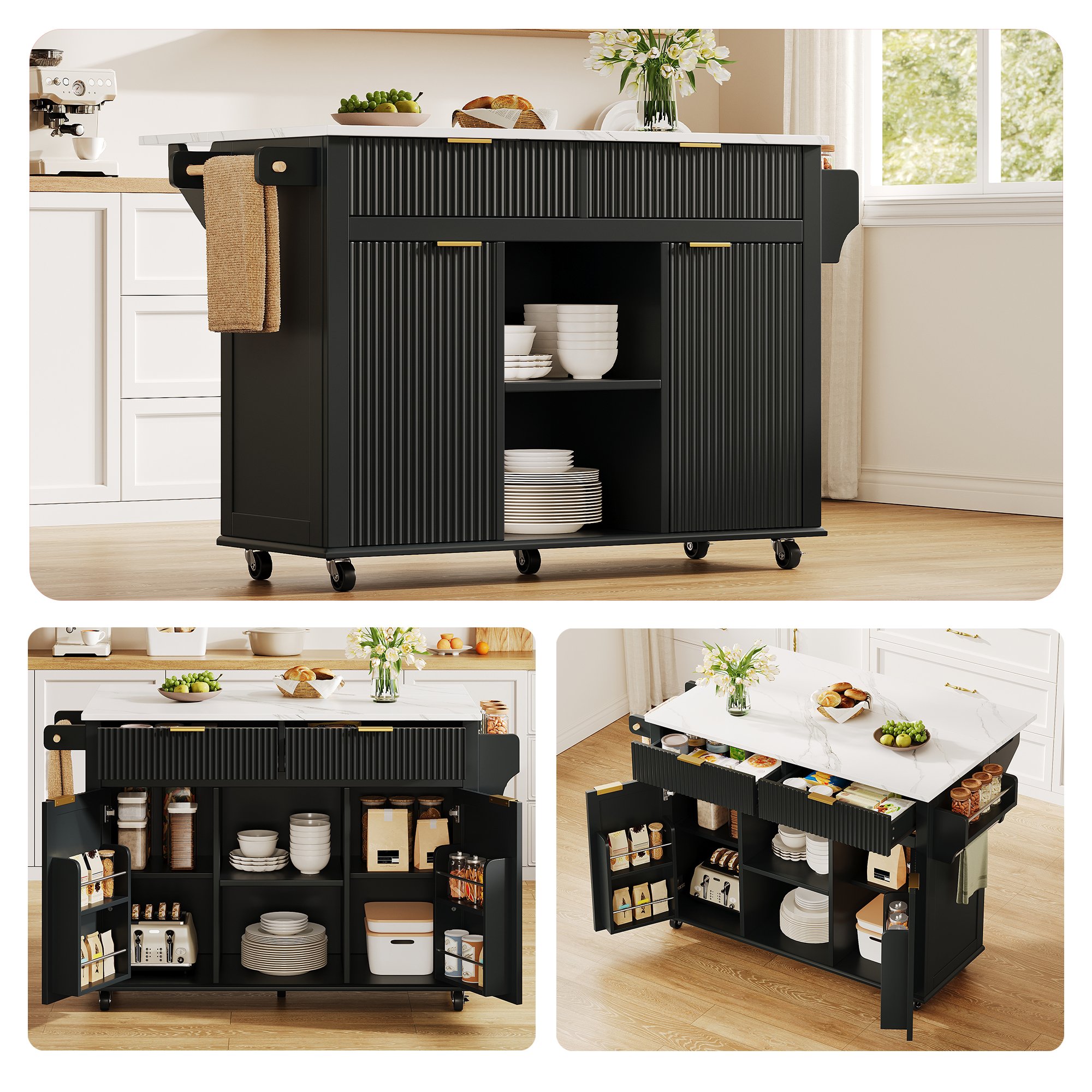 Îlot de cuisine en Panneau composite de fibres de bois à densité noir et bois naturel, 120x45 cm, avec rangements, porte-serviettes, sur roulettes, plan rabattable