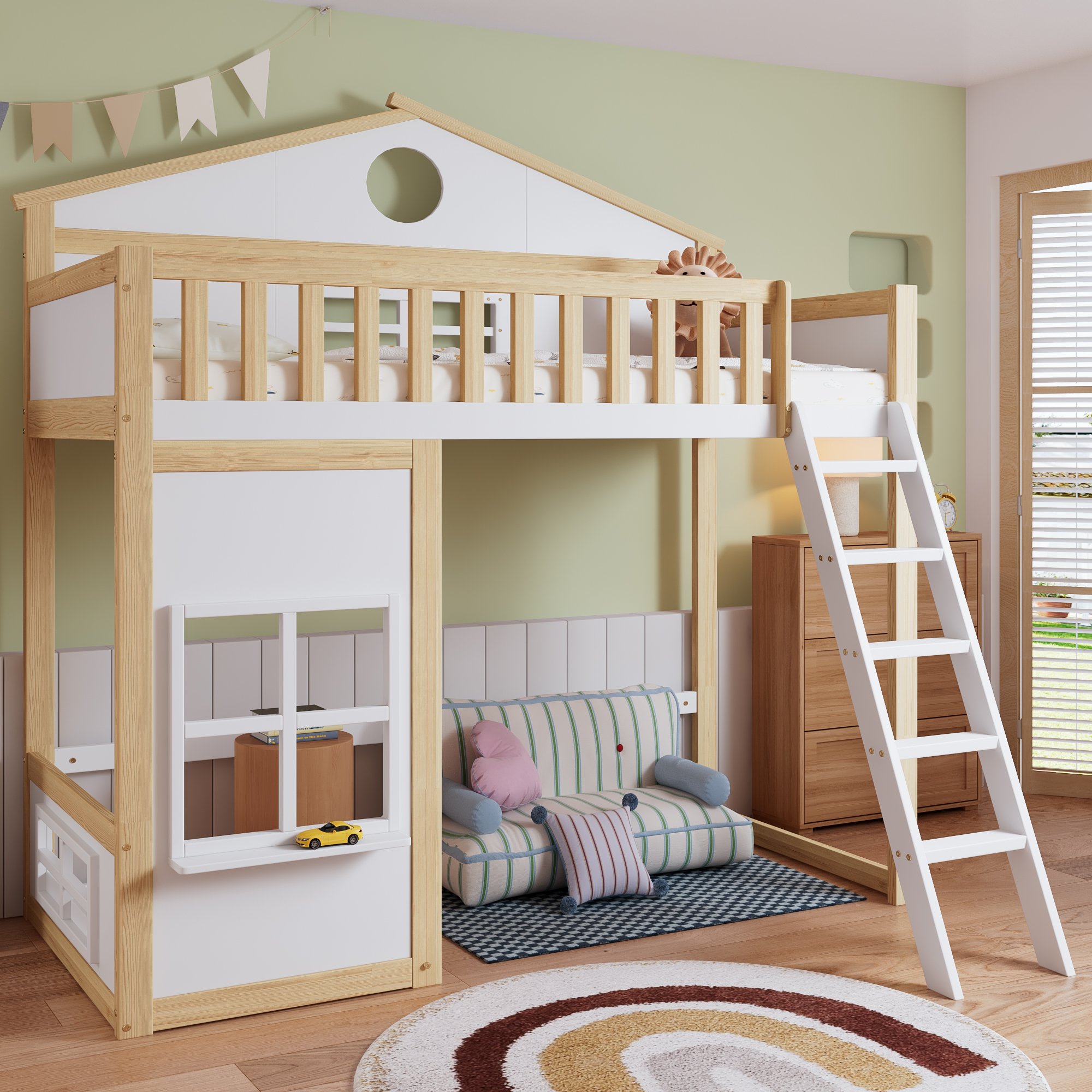 Lit superposé enfant 90x200 avec escalier, garde-corps et fenêtres, toit décoratif, pin et Panneau composite de fibres de bois à densité
