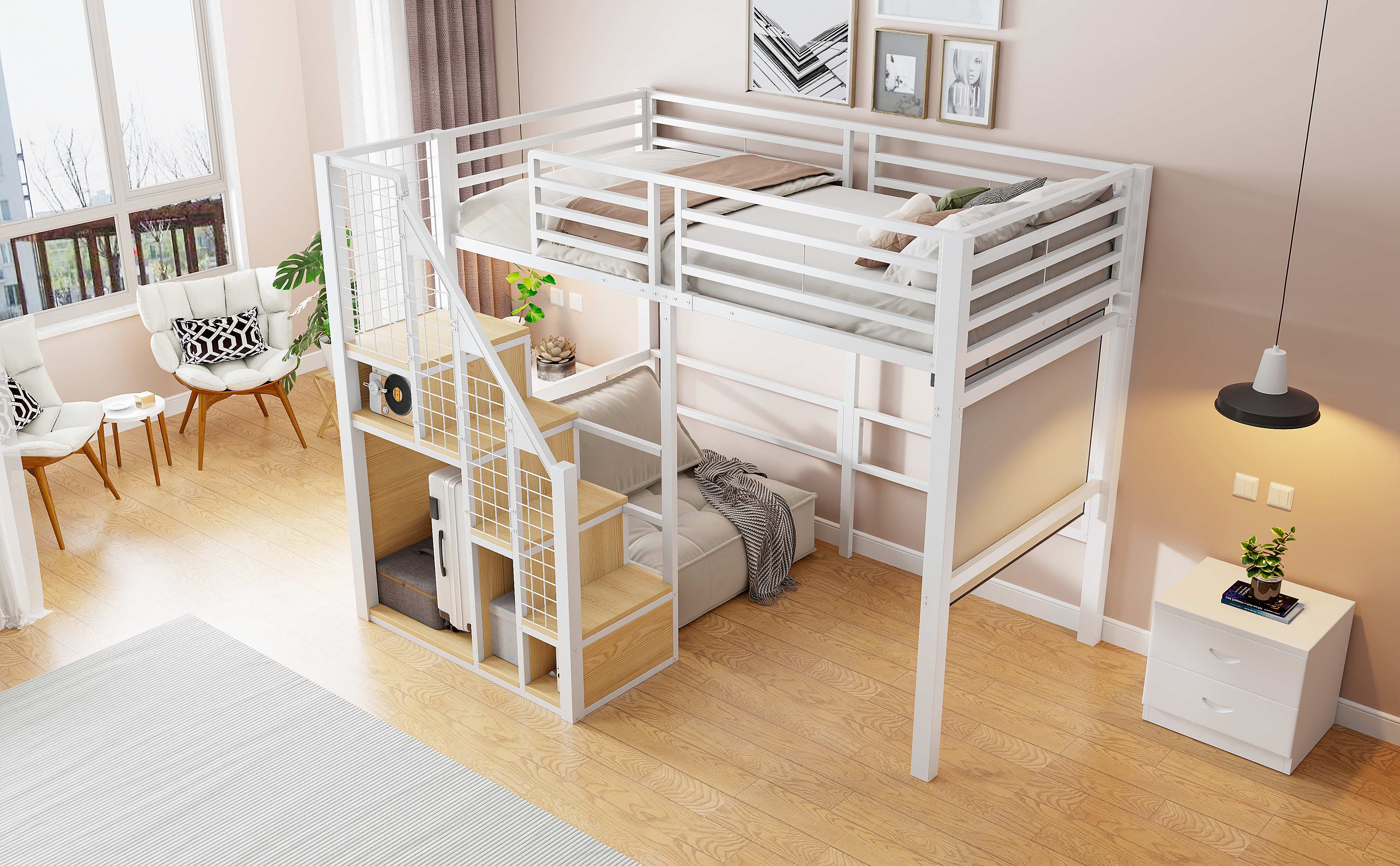 Lit mezzanine en métal blanc avec rangement, 90x200, échelle incluse