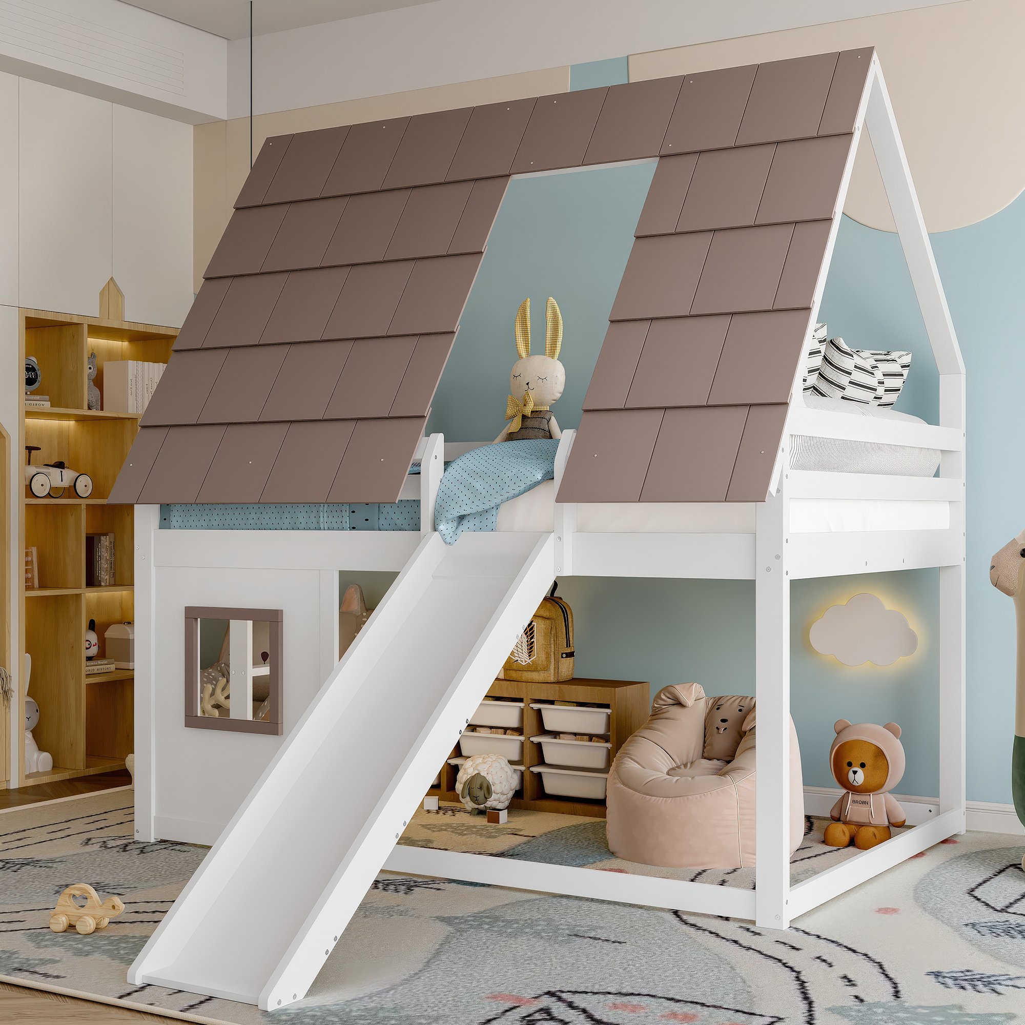 Lit superposé avec toboggan et échelle, 2 couchages 140x200, design maison pour enfants