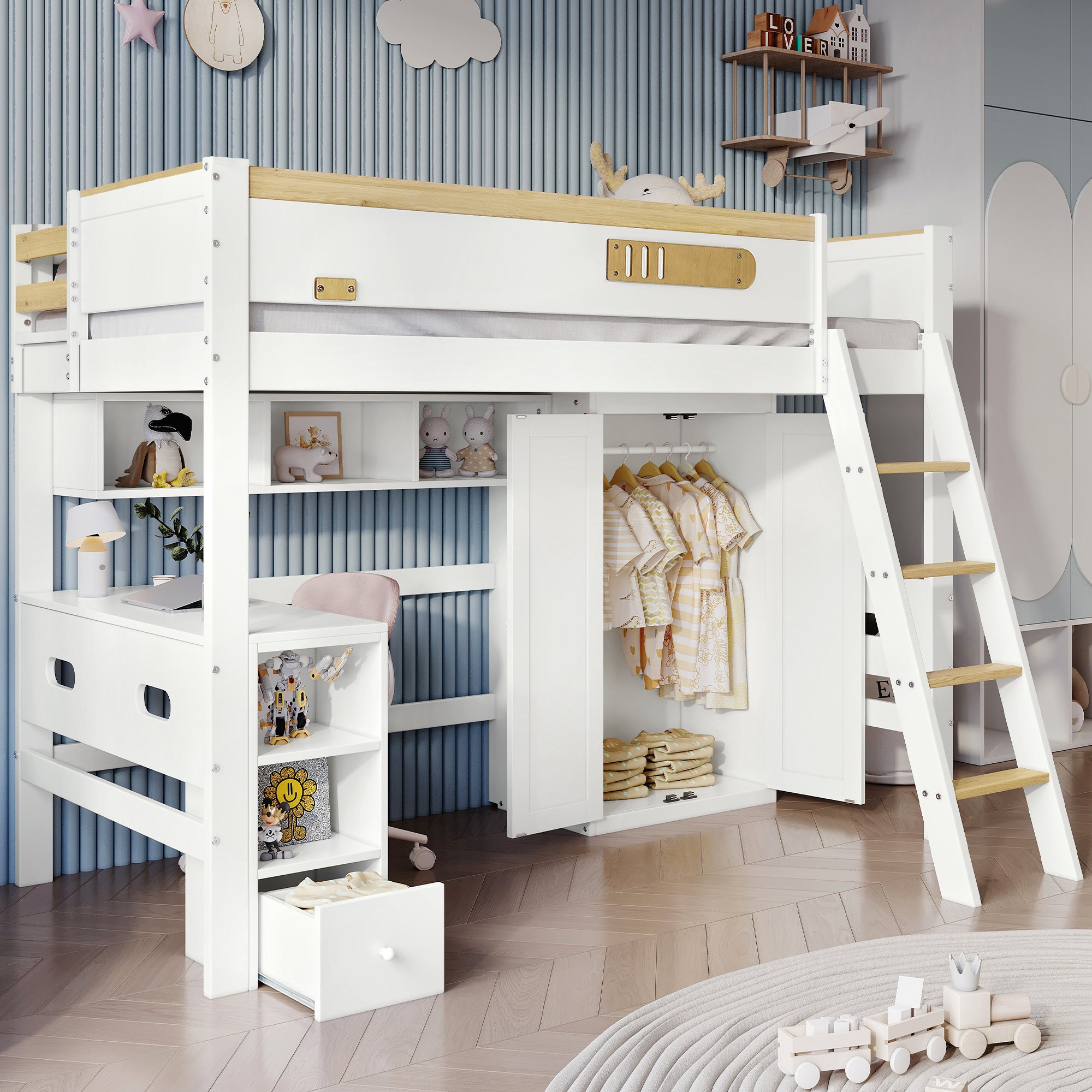 Lit superposé enfant 90x200 avec rangement, bureau et armoire, blanc et naturel, en bois