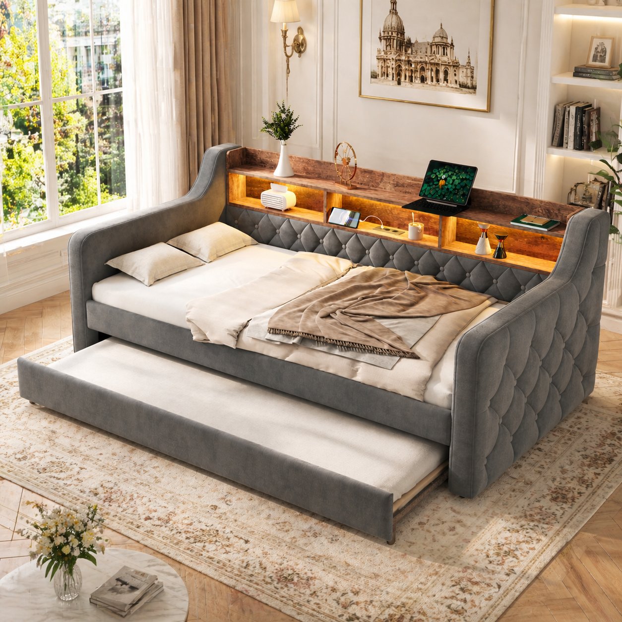 Lit coffre 90x190 cm en velours gris, structure métal-bois, sommier à lattes, LED