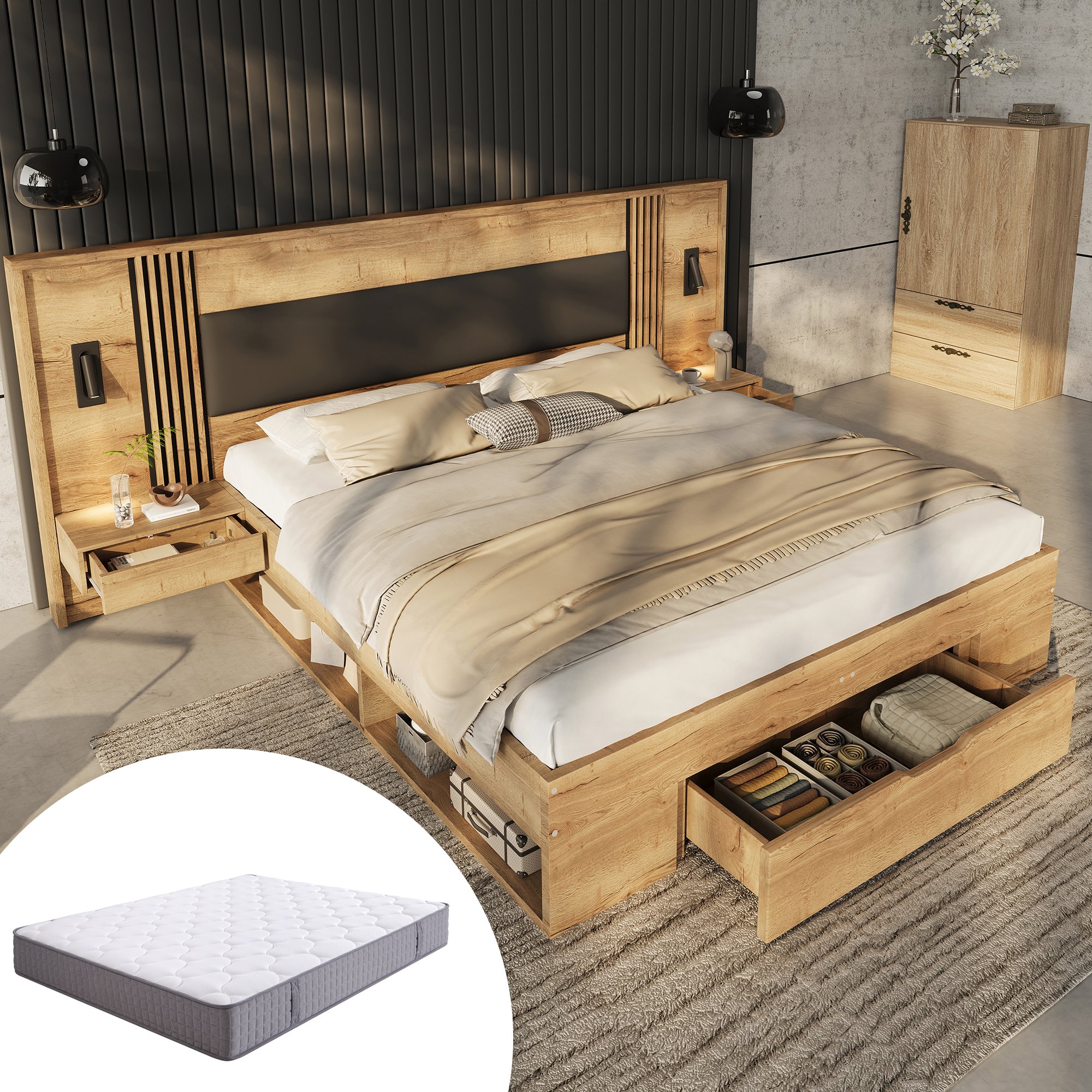 Grand lit coffre 180x200 cm deux places, incluant matelas et sommier à lattes, avec tiroirs et lampes de lecture sur les côtés