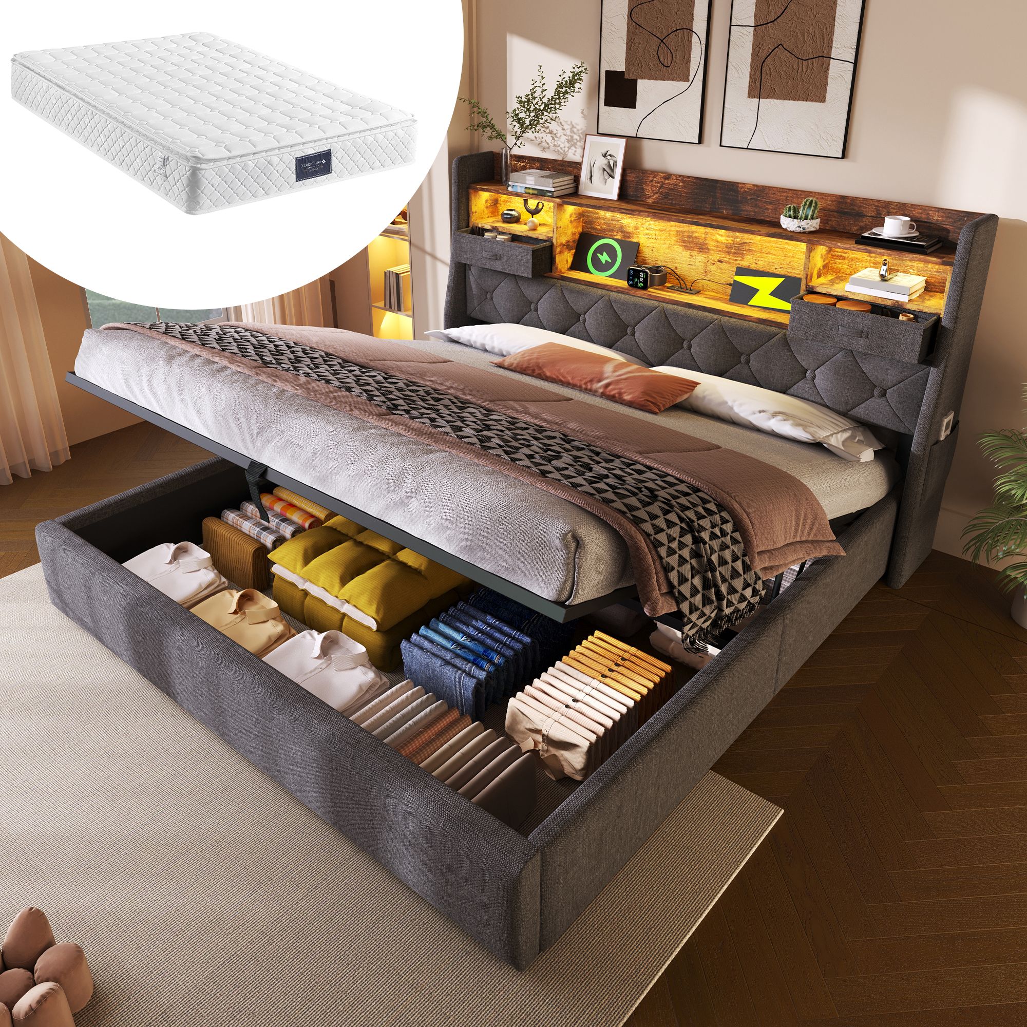 lit coffre 140x200 avec matelas 7 zones H3, tête de lit LED RGB, ports charge et rangement sous le couchage