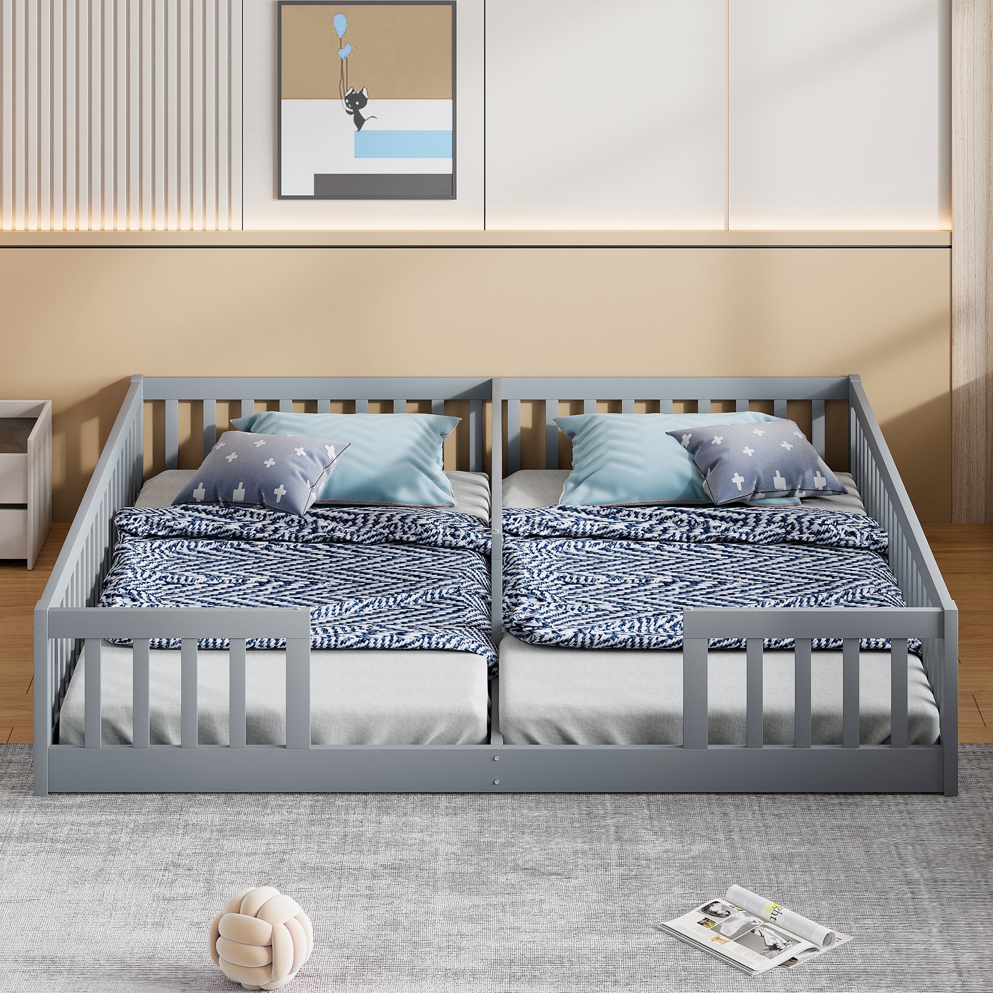 Lit enfant 90x200 pour deux enfants, avec barrière de sécurité, en pin gris
