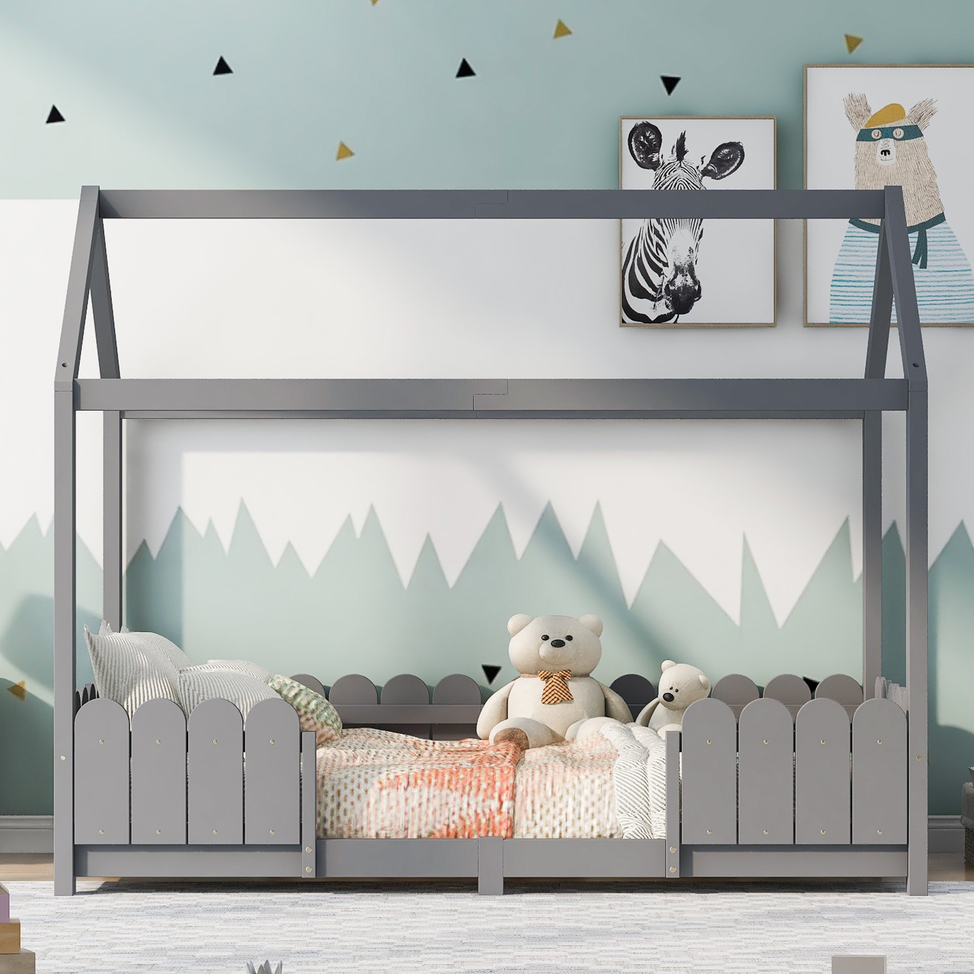 lit cabane enfant 90x200 gris en pin massif et Panneau composite de fibres de bois à densité, cadre de lit maison avec toit et clôture, sommier à lattes rigide