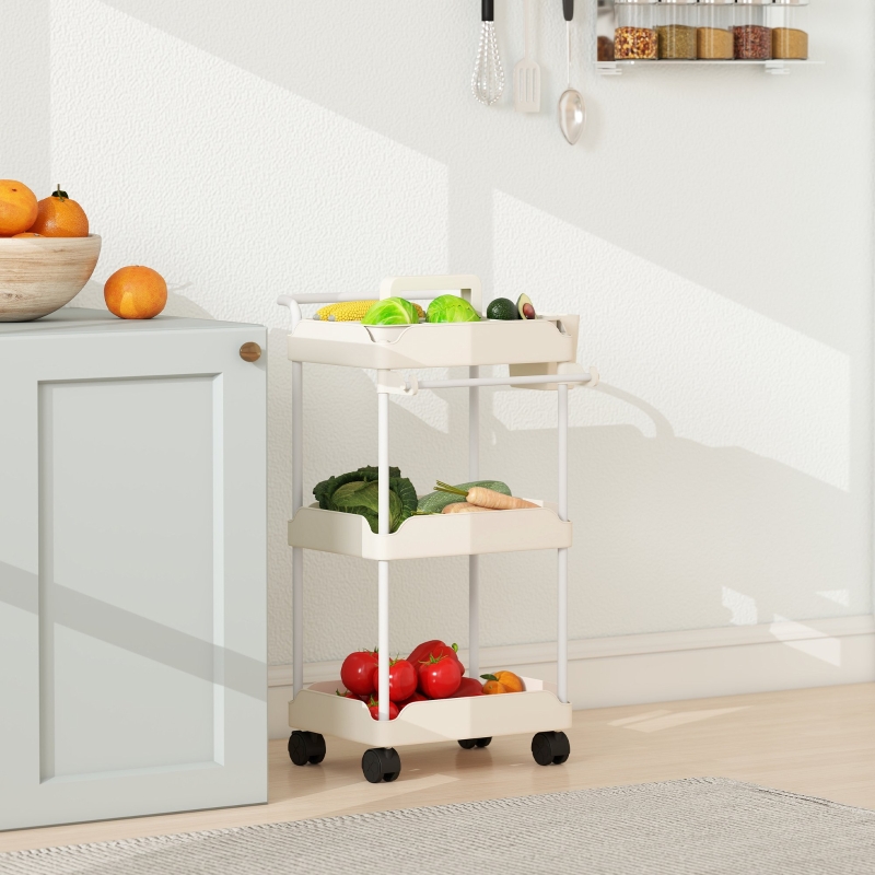 Chariot de rangement avec 3 paniers, porte-serviettes et crochets, roulettes avec freins, pour cuisine et salle de bain, blanc