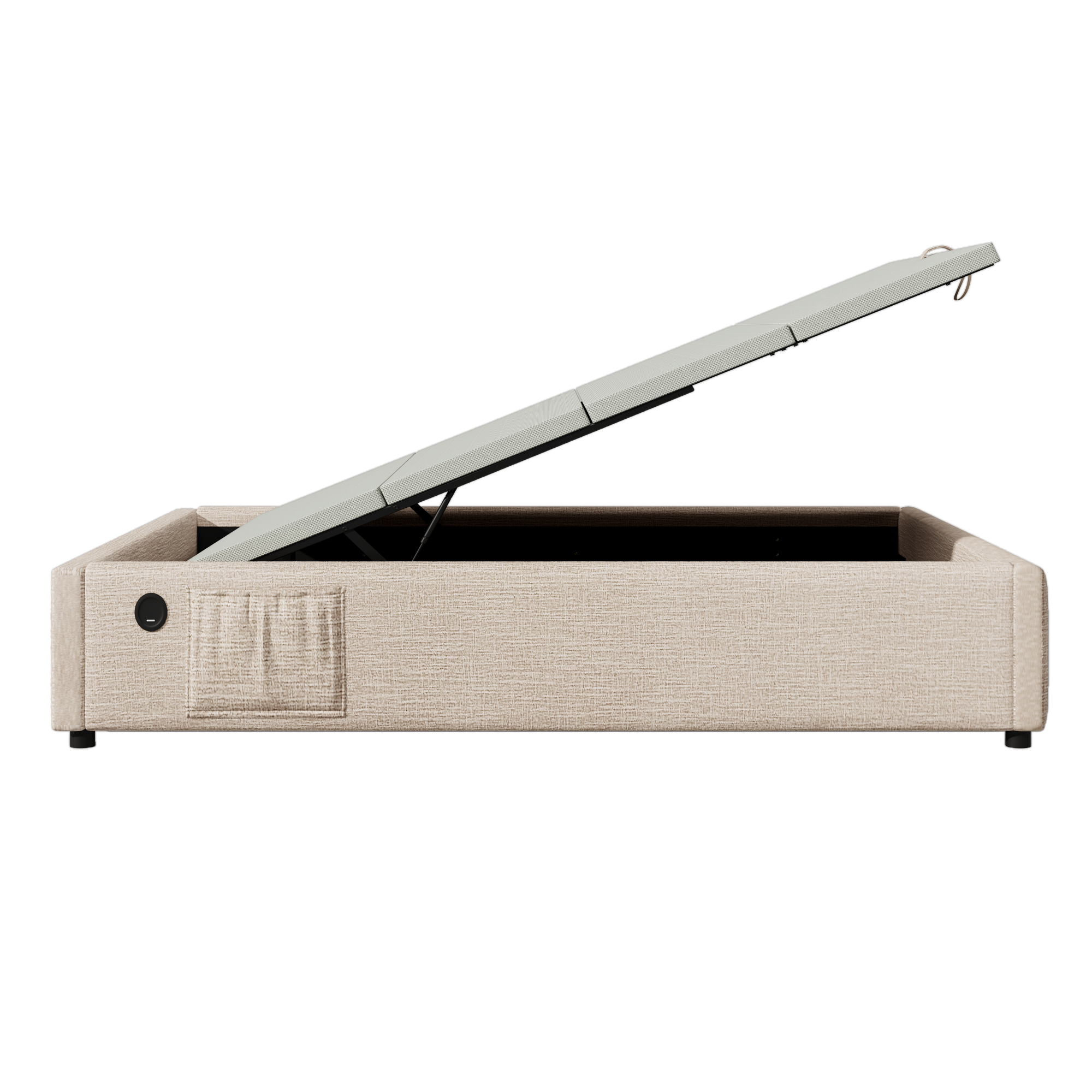 Lit LED 90x200 avec sommier, cadre de lit coffre en lin beige avec rangement hydraulique et ports USB Type-C sans tête de lit