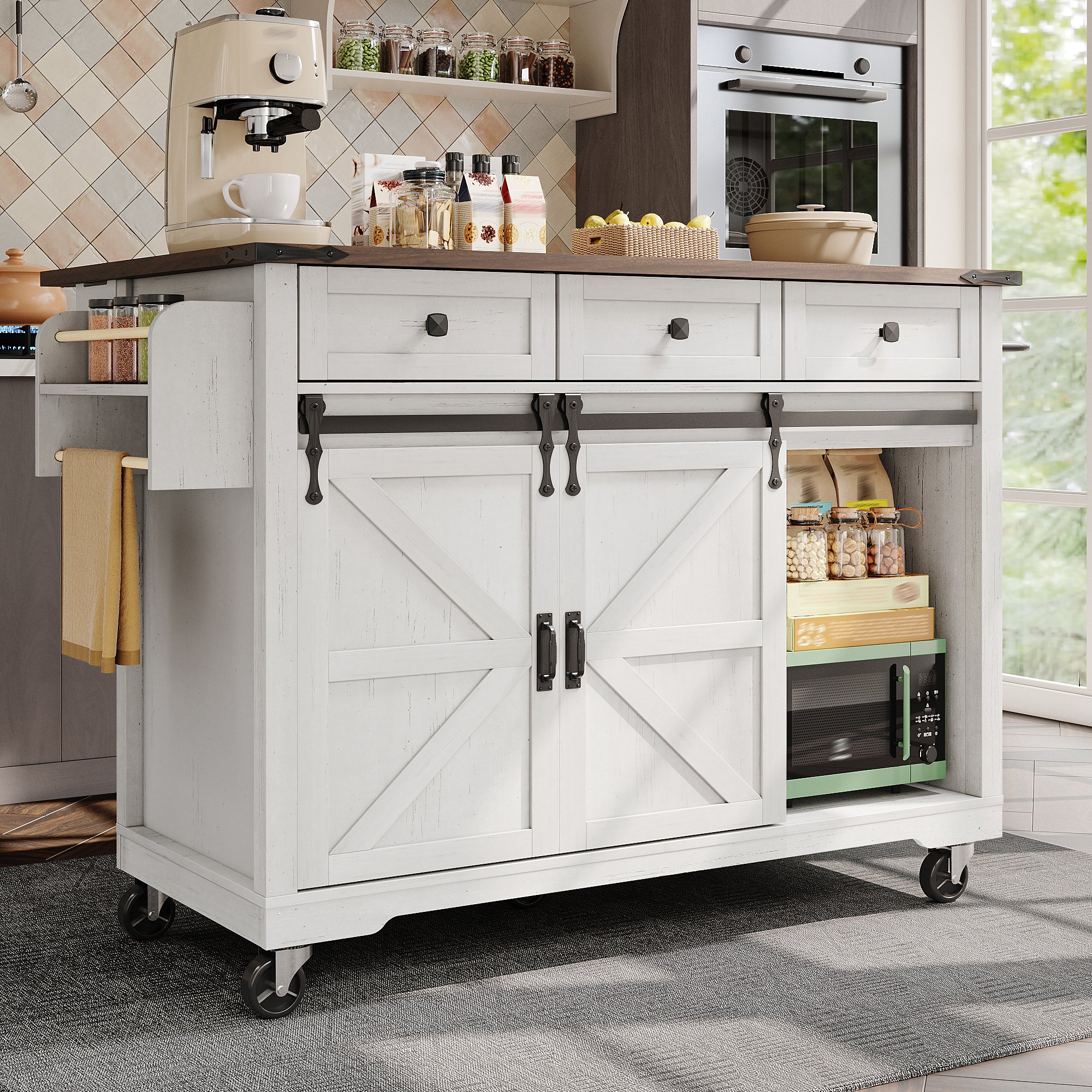 Îlot de cuisine sur roulettes avec plan de travail rabattable, rangements et porte-serviettes, beige, 140x45x94 cm