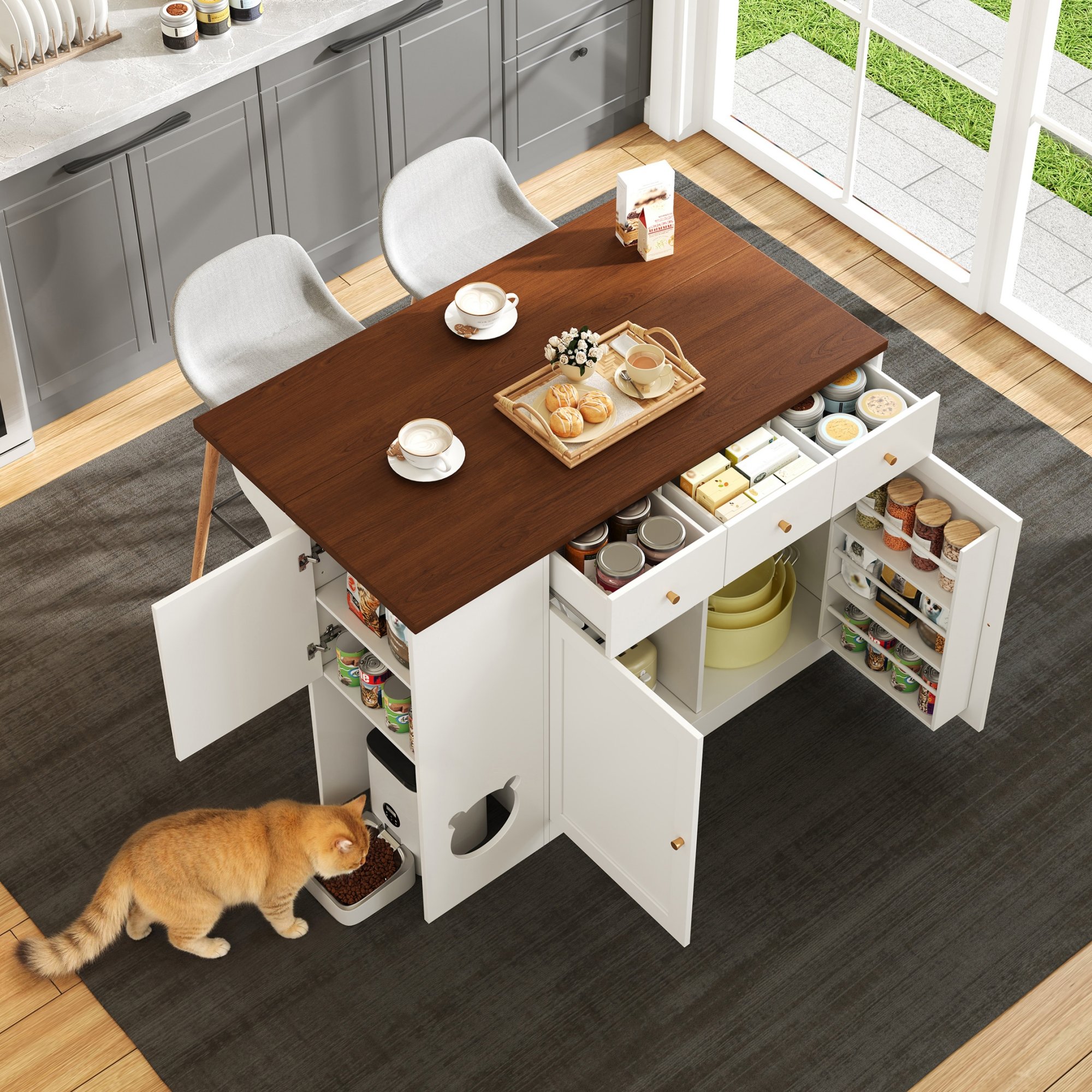 Îlot de cuisine 120x70 cm en Panneau composite de fibres de bois à densité blanc et noyer avec rangements, plan de travail extensible et zone animaux