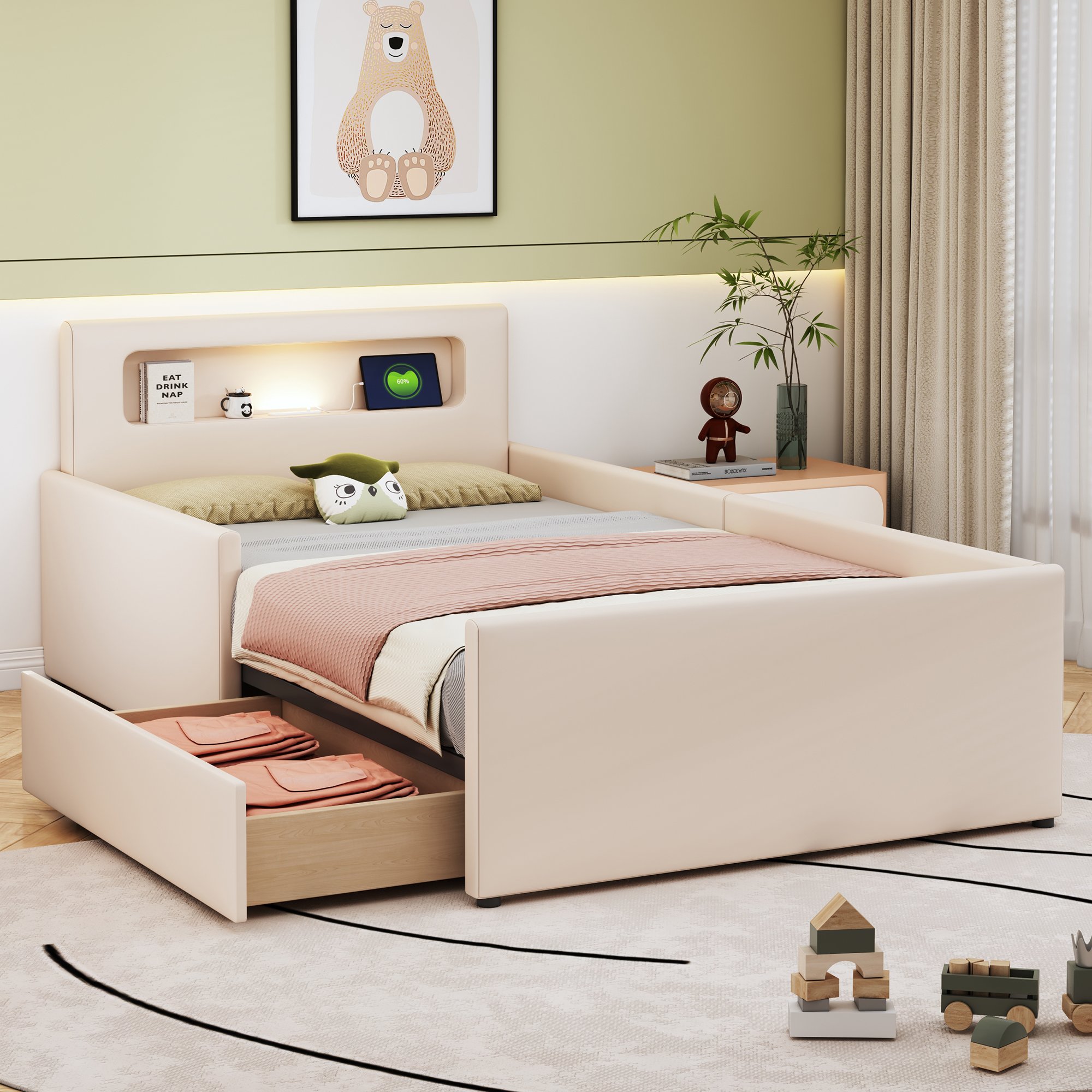 Lit enfant rembourré en simili cuir beige, structure métal et bois, 90x200, avec rangement