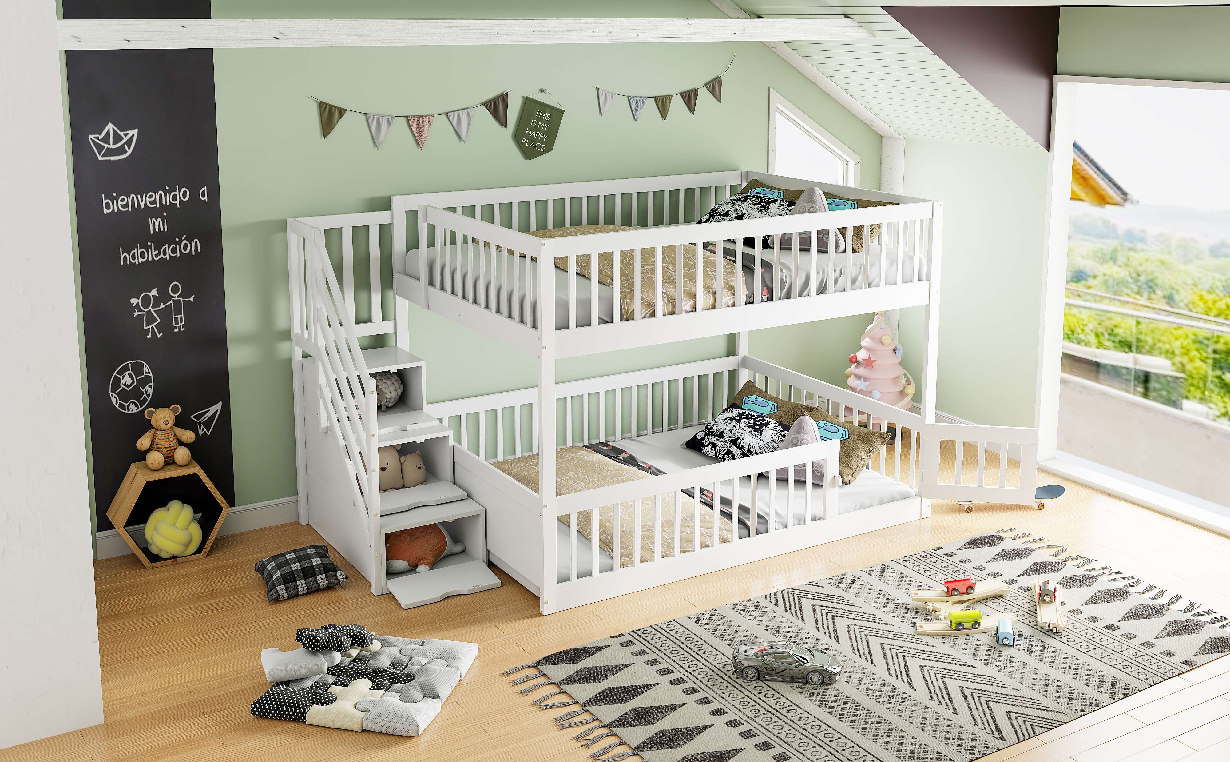 Lit superposé enfant 140x200 avec échelle et rangement, bois massif blanc, sécurité renforcée