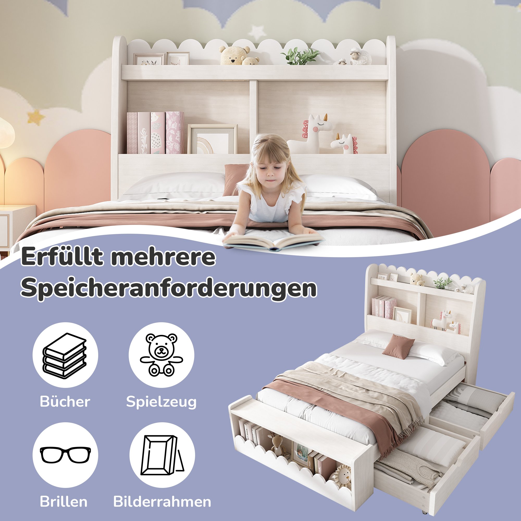 lit enfant avec tiroirs et rangement, lit coffre 90x200 en bois blanc et chêne clair avec banc intégré et étagères, sommier à lattes inclus