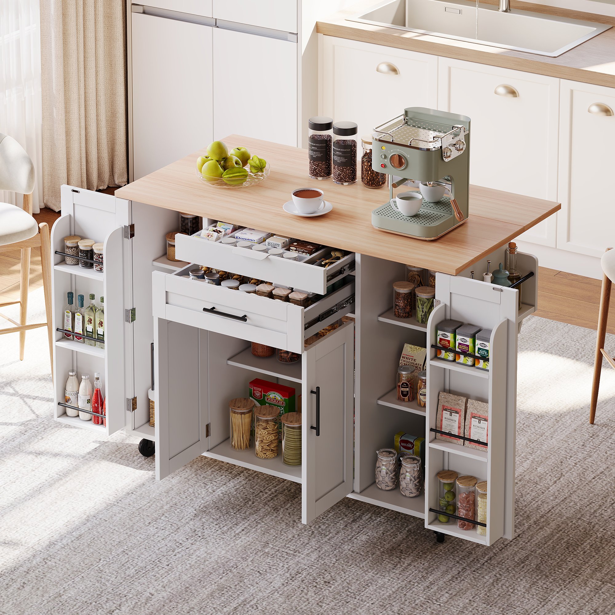 Îlot de cuisine blanc avec plan de travail extensible 120x45 cm, rangements, roulettes, pour cuisine, salle à manger ou salon