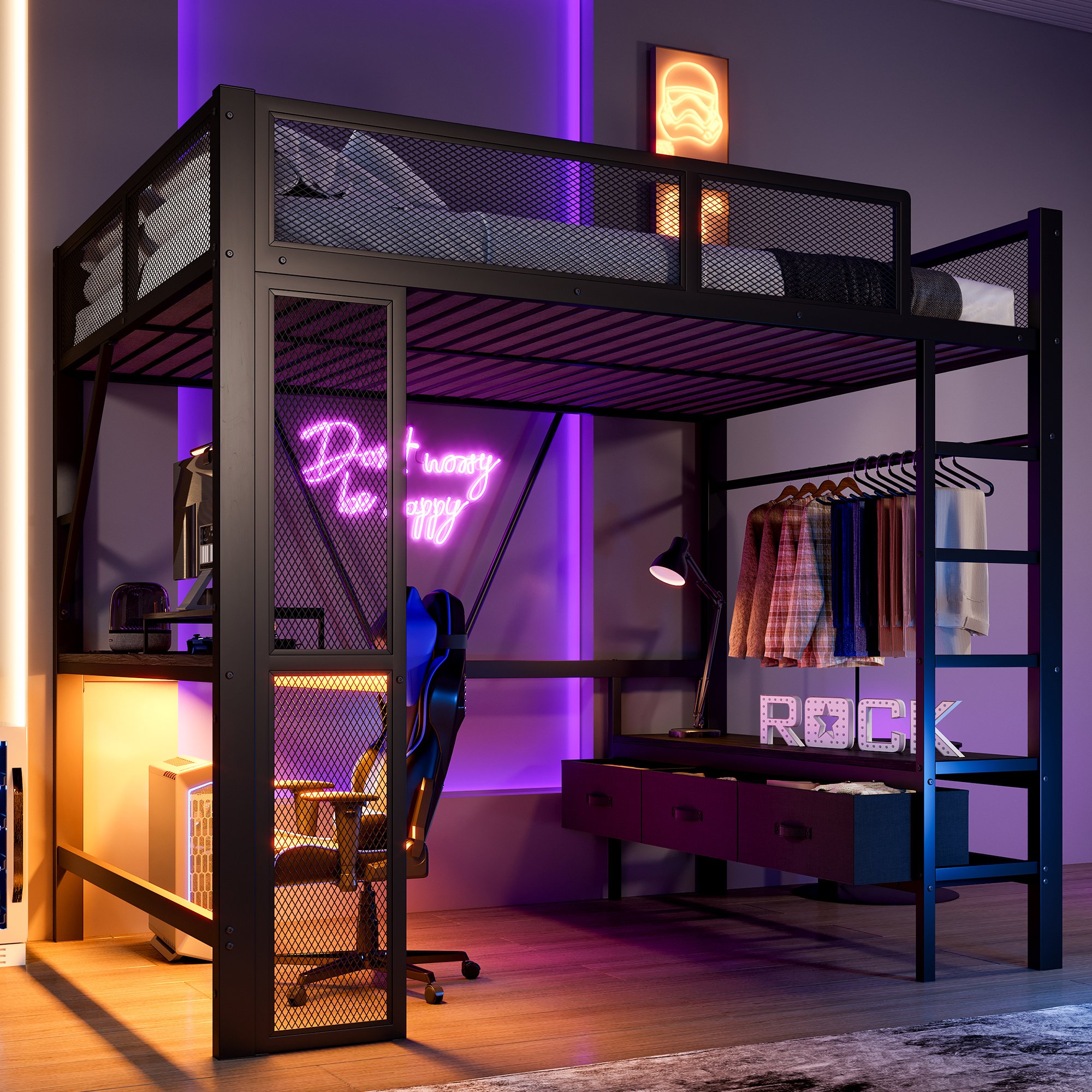Lit mezzanine 140x200 avec bureau, LED 16 couleurs, USB, rangements et penderie, métal noir