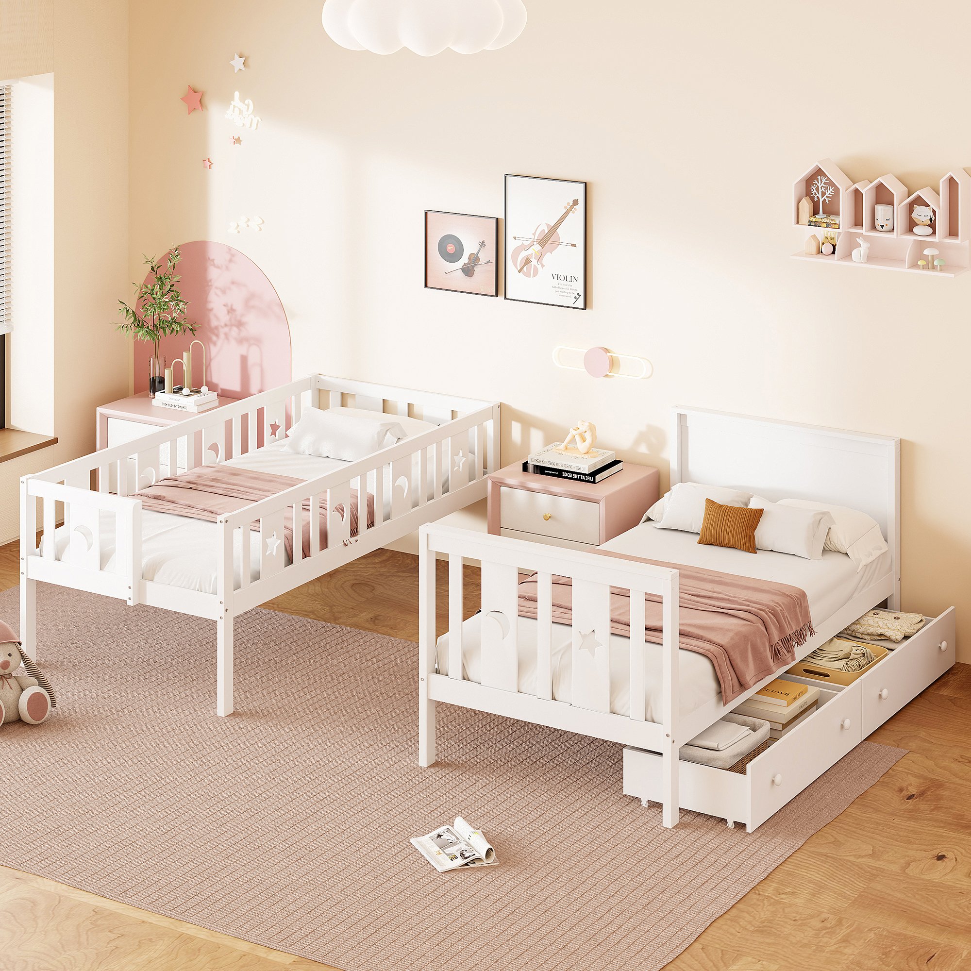 Lit superposé enfant 90x200 avec rangement, échelle et tiroirs, bois massif blanc