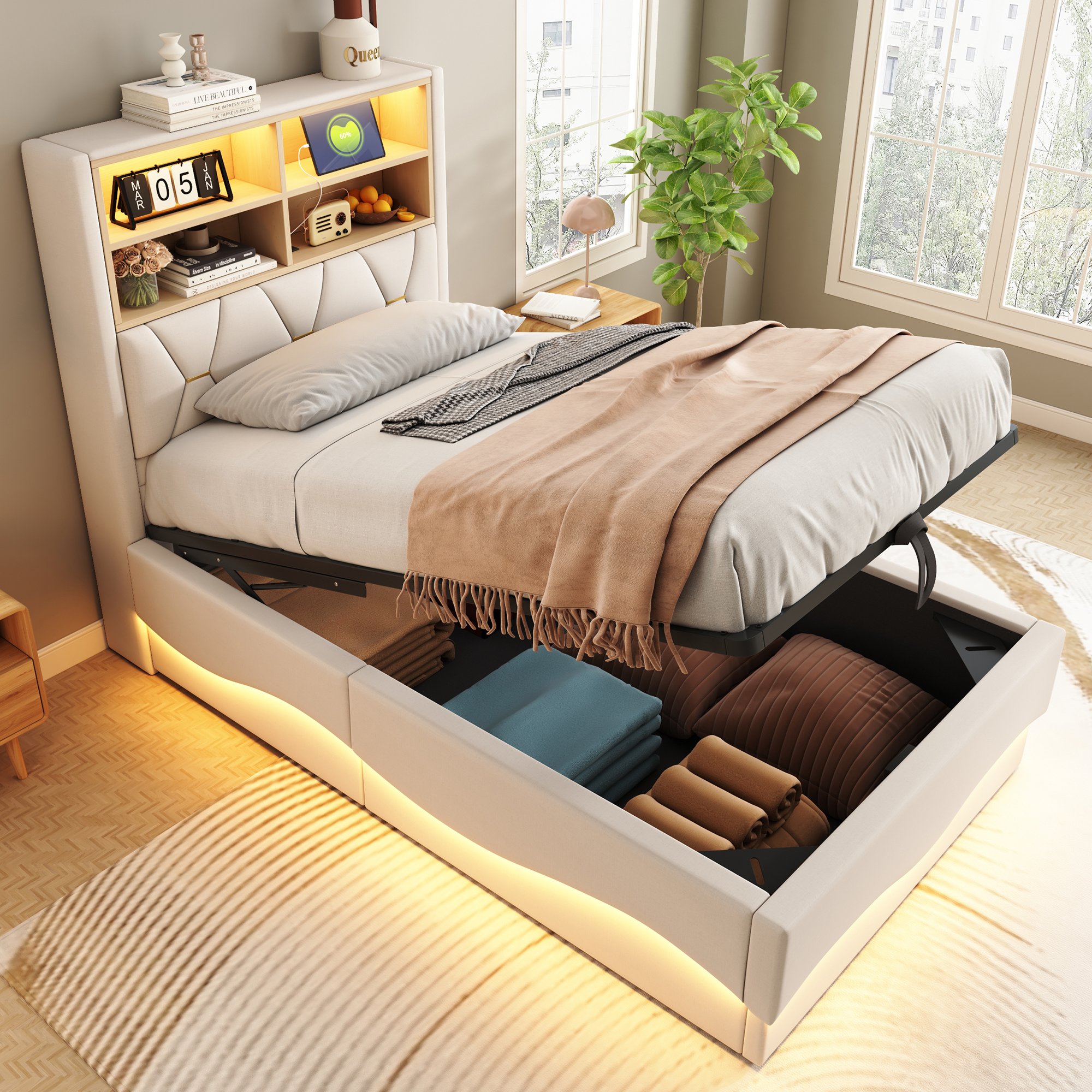 Lit coffre 90x200 en lin beige, structure métallique, avec sommier à lattes et rangement