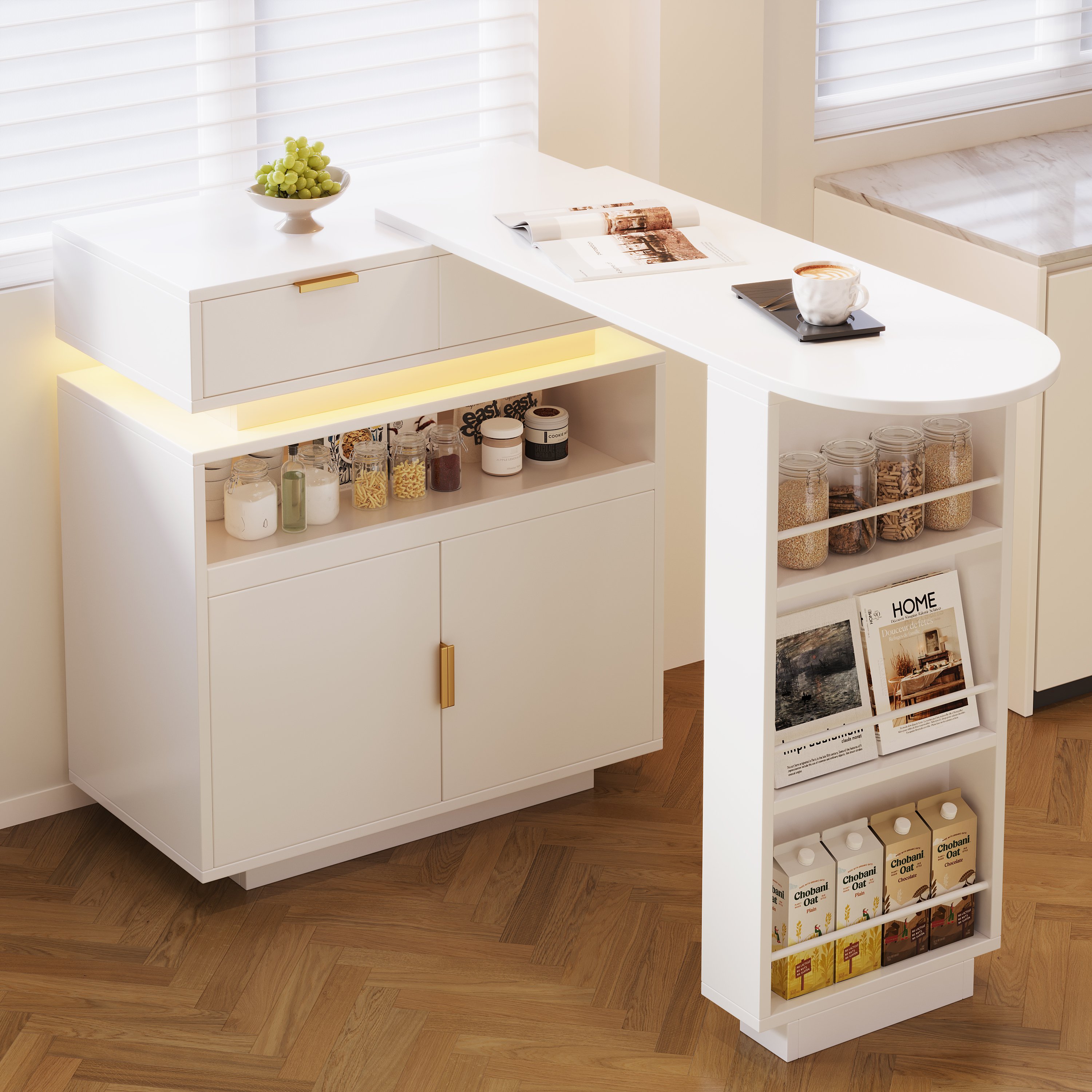 Îlot de cuisine en Panneau composite de fibres de bois à densité blanc avec plan de travail extensible, rangement, LED, rotation 360°, bar de cuisine, 115-183 cm