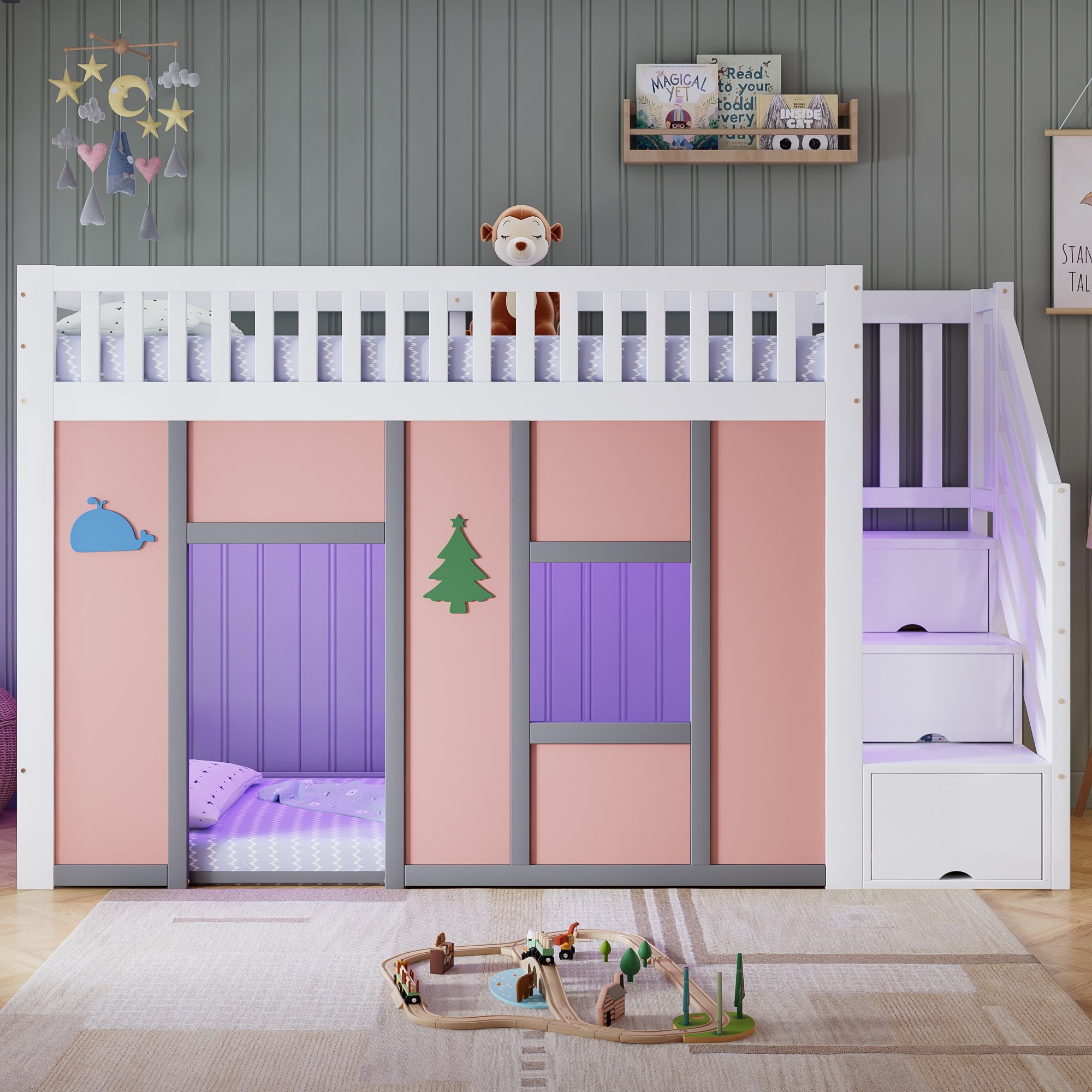Lit mezzanine 90x200 blanc et rose avec rangement, LED et espace de jeu