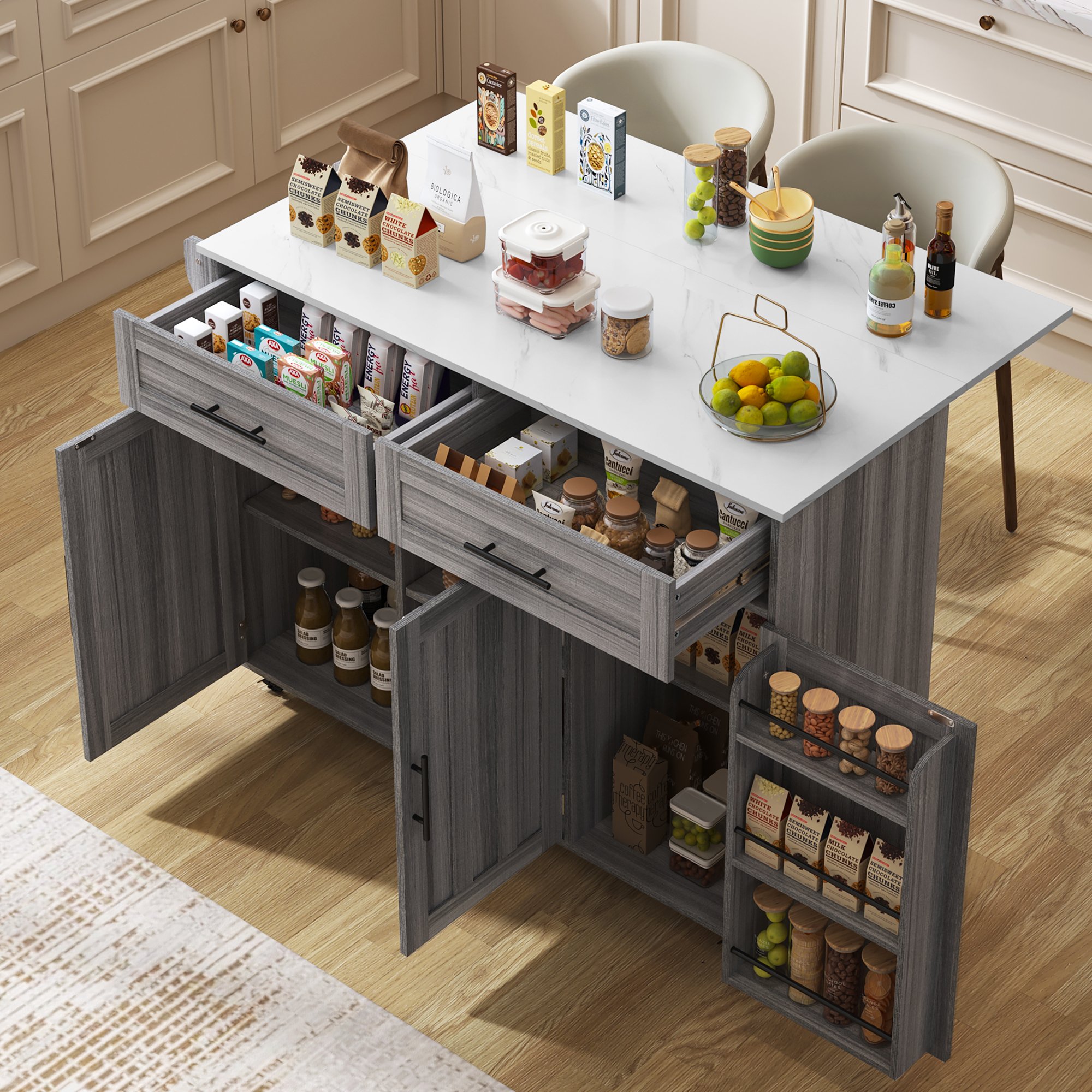 Îlot de cuisine sur roulettes avec plateau extensible, rangements et porte-serviette, idéal pour petite cuisine, 129x46x91,5 cm