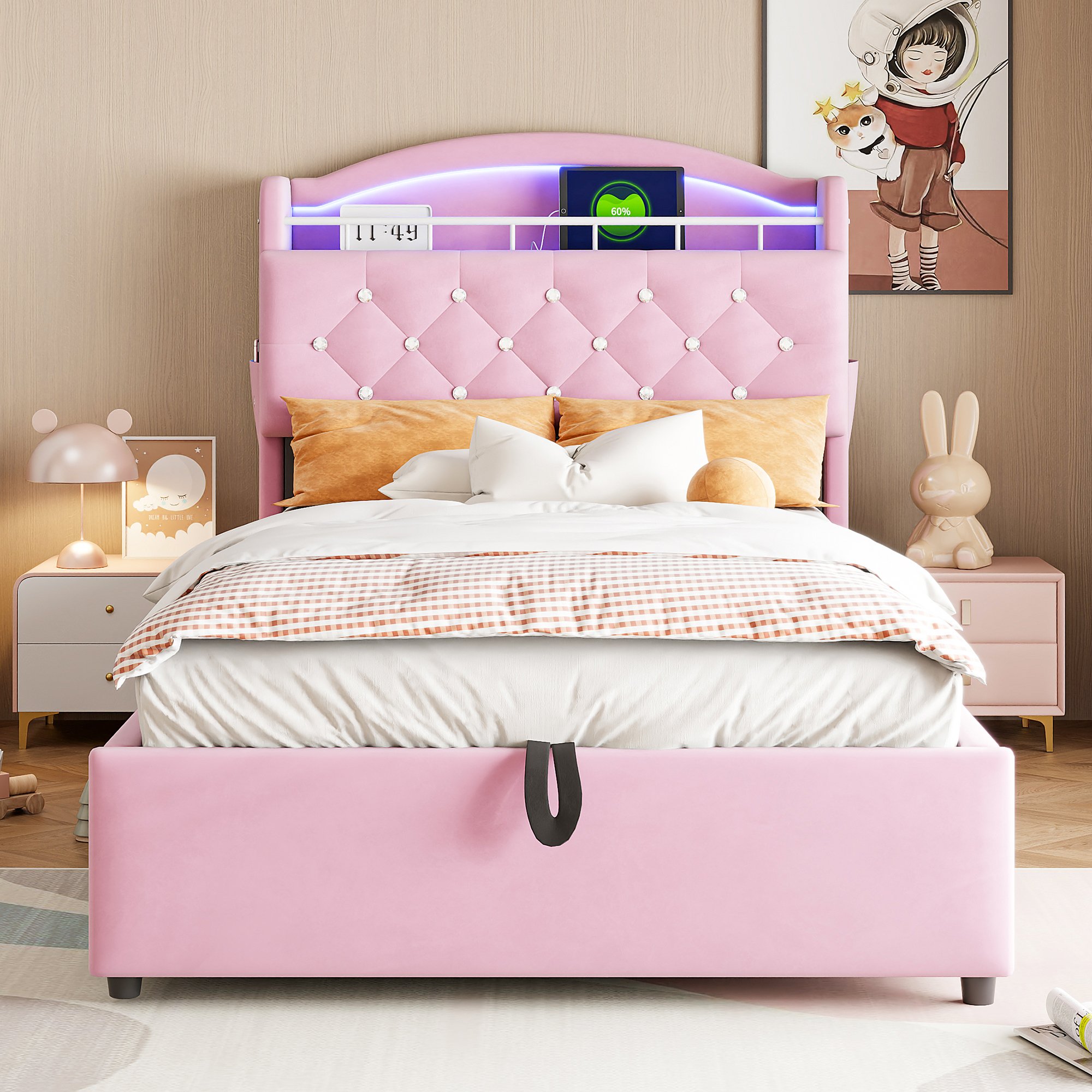 Lit coffre 90x200 en velours rose, structure métallique et sommier à lattes, avec rangement