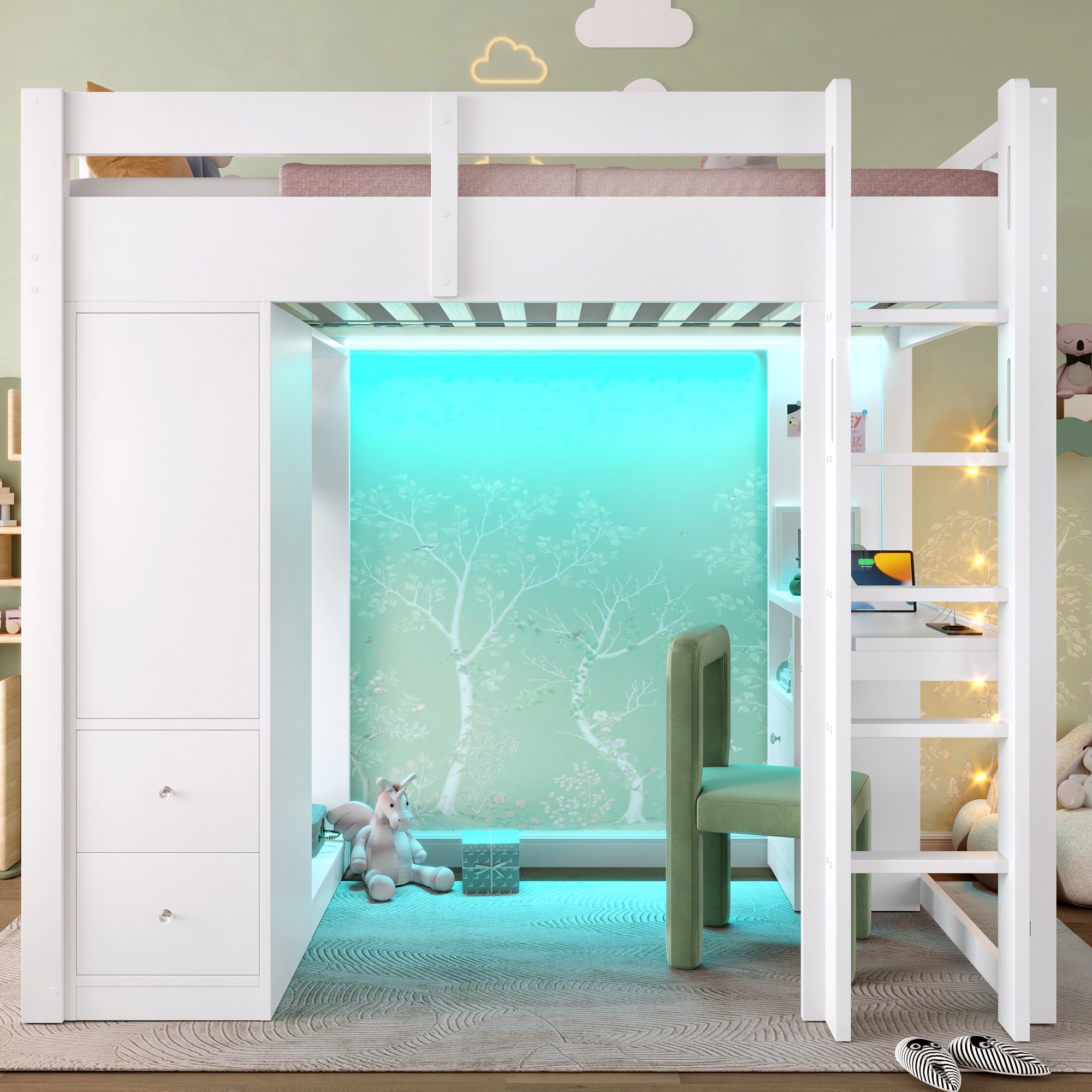 Lit mezzanine 90x200 blanc en pin massif et Panneau composite de fibres de bois à densité avec bureau, rangements, LED et USB