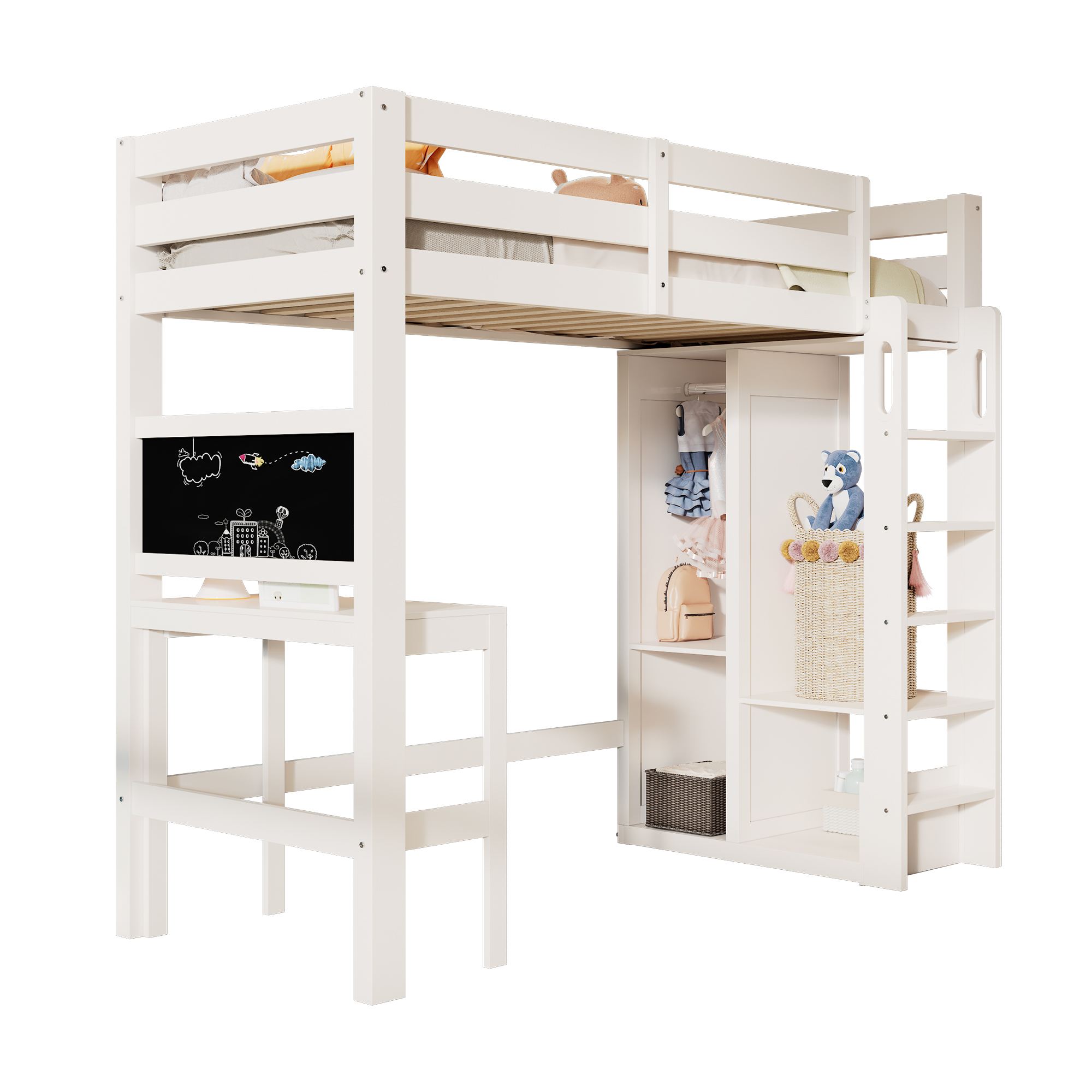 Lit mezzanine enfant avec bureau intégré et tableau noir, armoire ouverte et étagères pour optimiser l'espace chambre