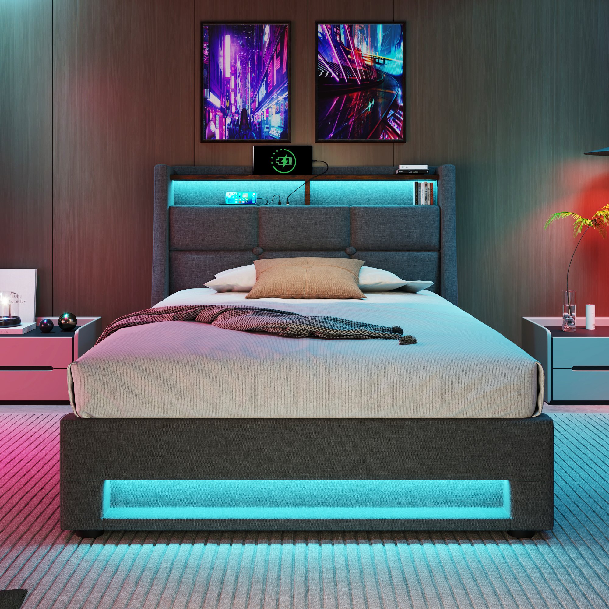 Lit LED 90x200 avec sommier à lattes, cadre de lit rembourré gris en tissu lin, ports USB intégrés et rangement sous le couchage