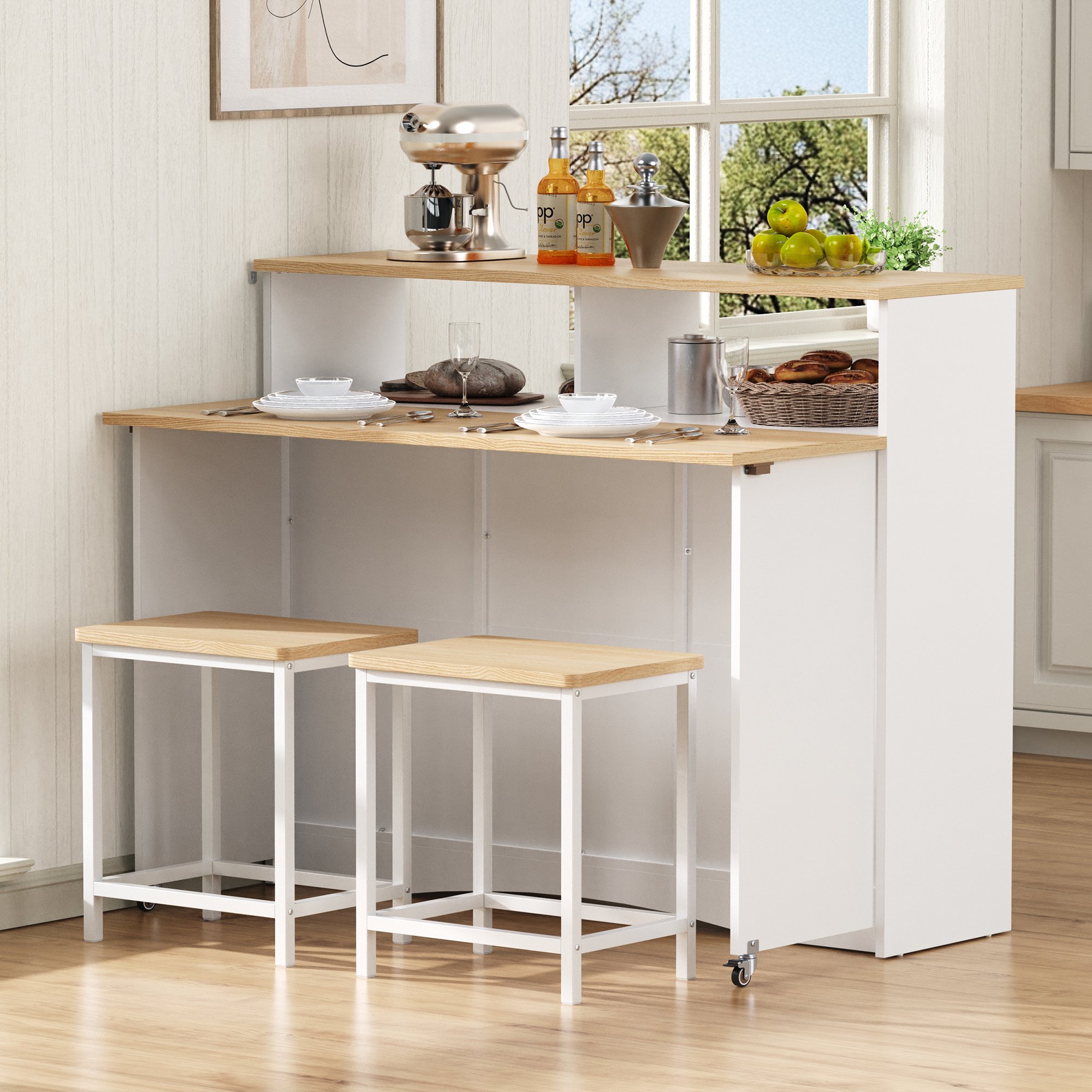 Îlot de cuisine en Panneau composite de fibres de bois à densité blanc avec plan rabattable, rangement intérieur, sur roulettes, dimensions 110x34x97,5 cm